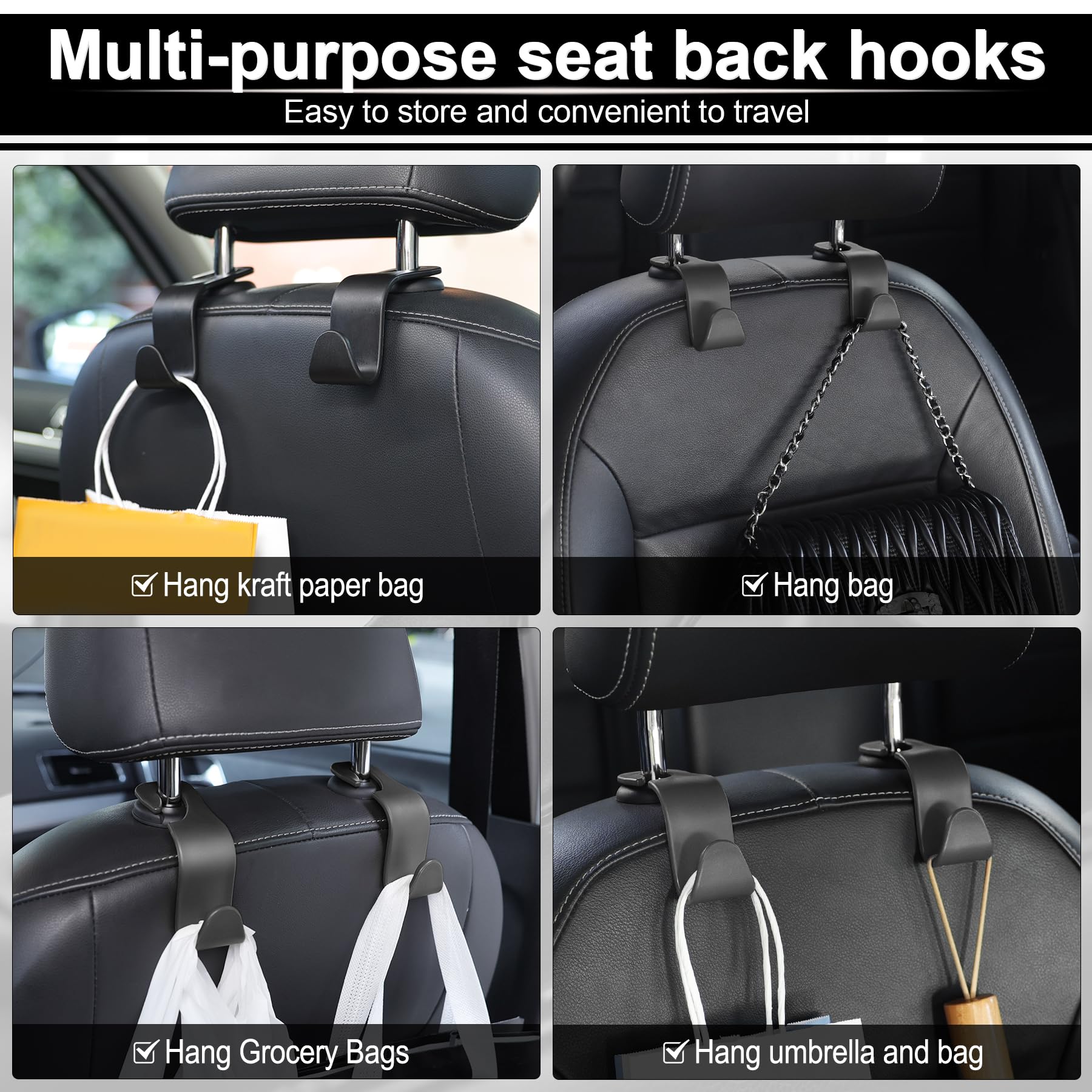 LivTee - Ganchos para los reposacabezas del asiento del coche, de color negro, para bolsos, ropa, abrigos o bolsas de la compra, juego de 4