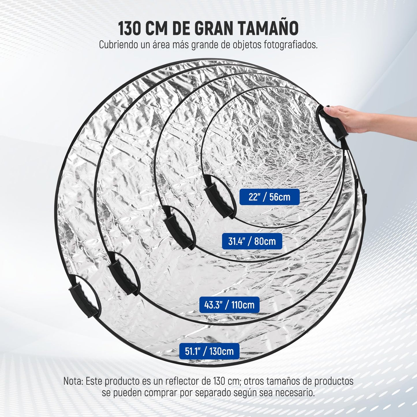 NEEWER 51"/130cm Reflector de Luz con Mango y Rosca de 3/8", Difusor de Luz de Disco Plegable 5 en 1 Translúcido/Plata/Oro/Blanco/Negro para Iluminación de Fotografía, Iluminación Exterior, RF-130II