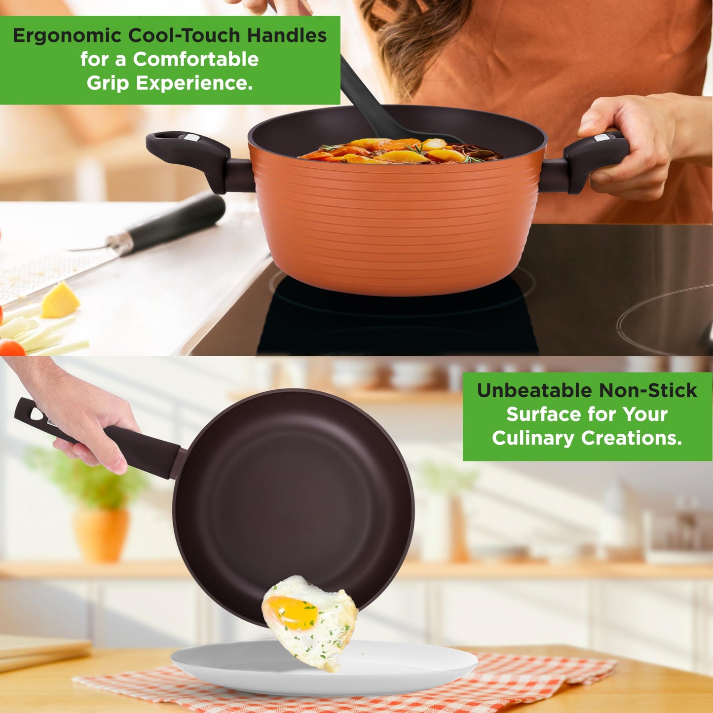 NutriChef juego de sartenes y ollas para cocina antiadherentes 12 piezas marron. Recubrimiento duradero, compatibles con todas las estufas.