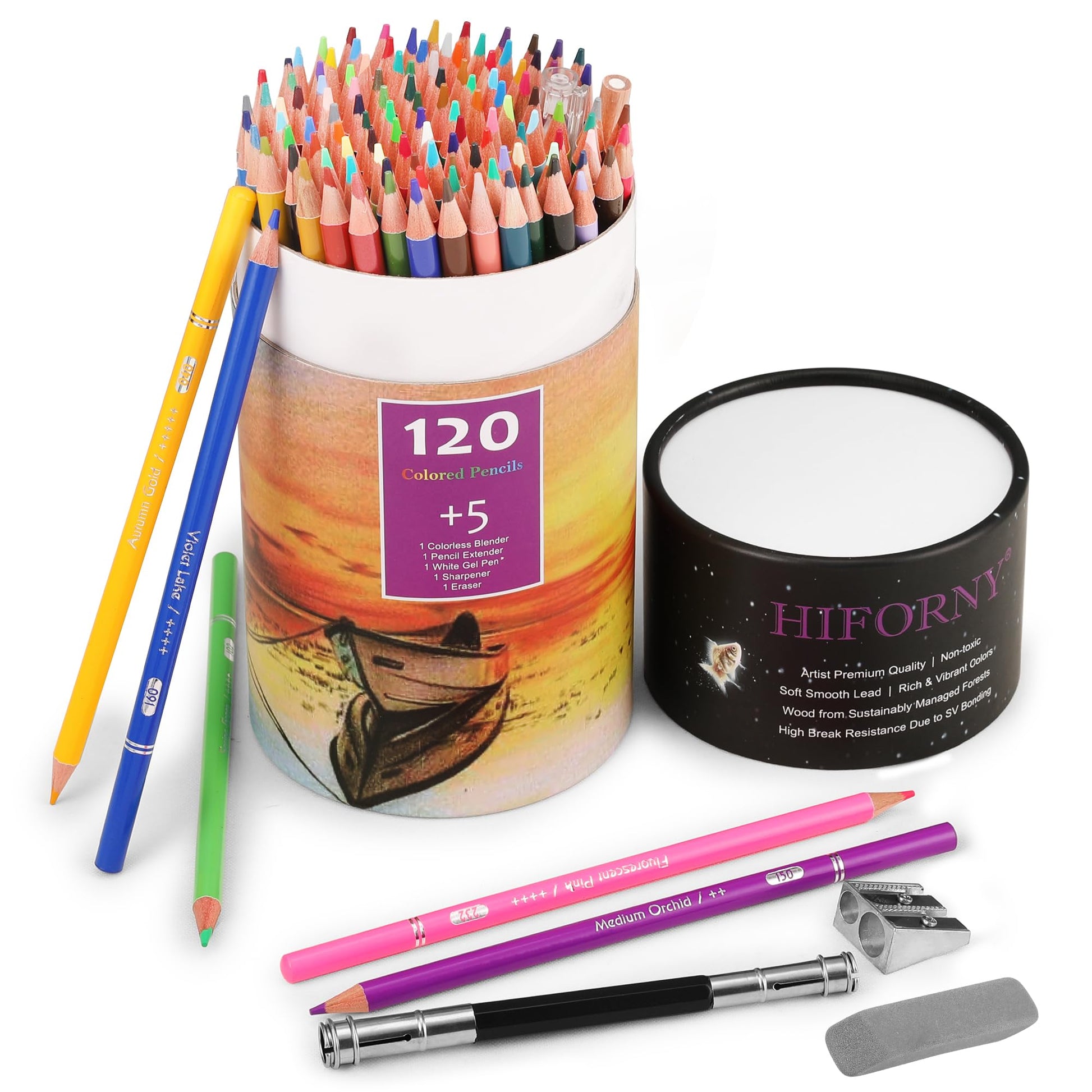 HIFORNY - Juego de 125 Lápices de Colores para Colorear Adultos, 120 Lápices de Colores Con Extras, Núcleo Suave de Artistas, Lápices de Dibujo, Suministros de Arte para Adultos