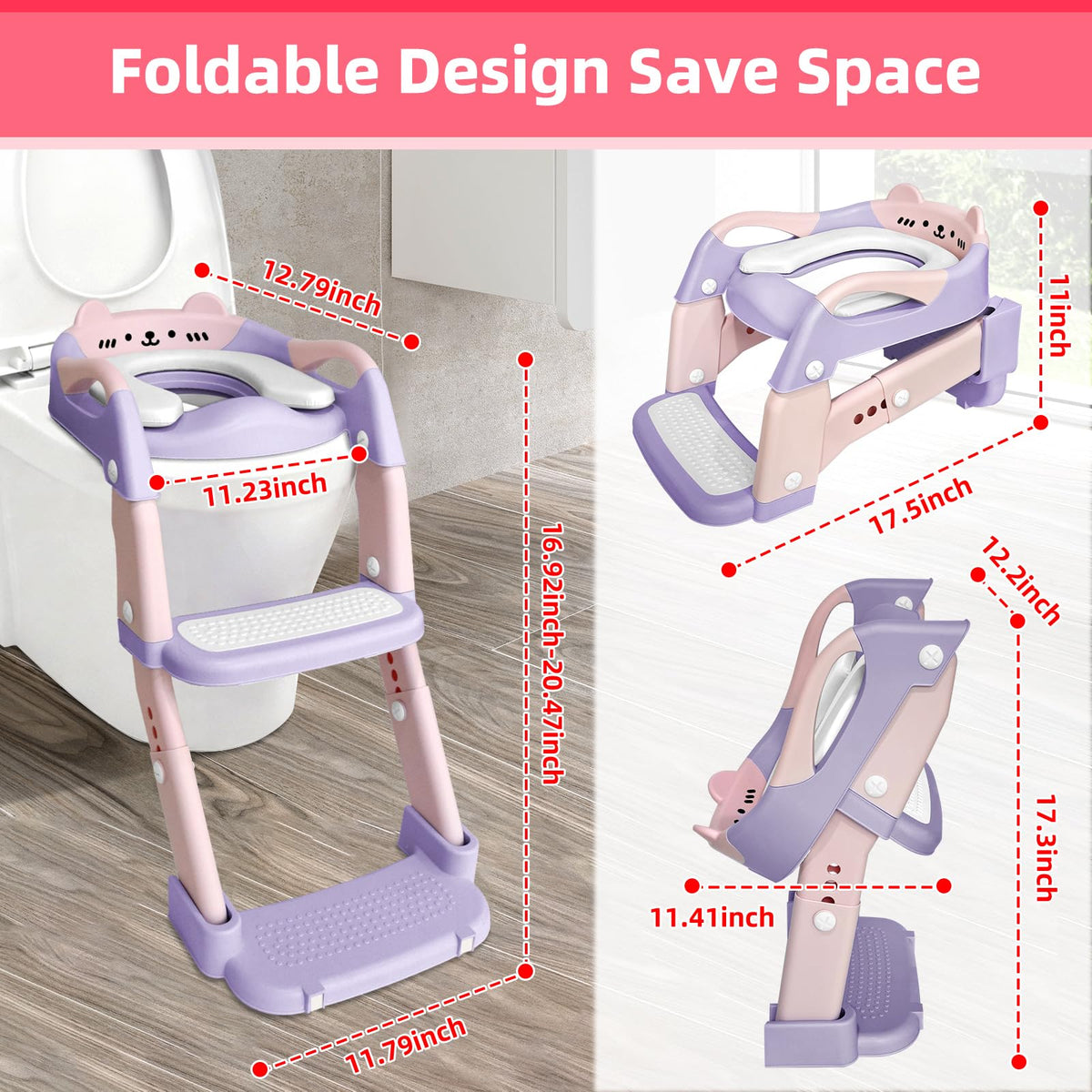 Asiento de entrenamiento para ir al baño, asiento de inodoro para niños y niñas, inodoro 3 en 1 con taburete de escalón, antideslizante plegable (morado + rosa)