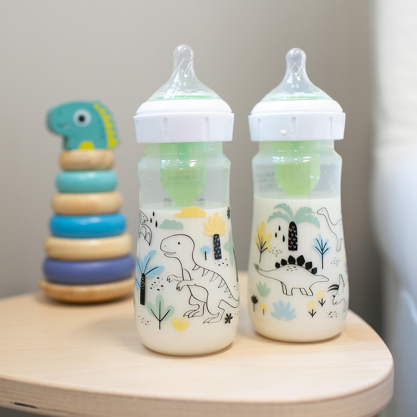 Dr. Brown's Natural Flow® Anti-Colic Options+™ Wide-Neck Baby Bottle Designer Edition Bottles, Dino Decos, 9oz/270mL, Level 1 Nipple, 2-Pack, 0m+
