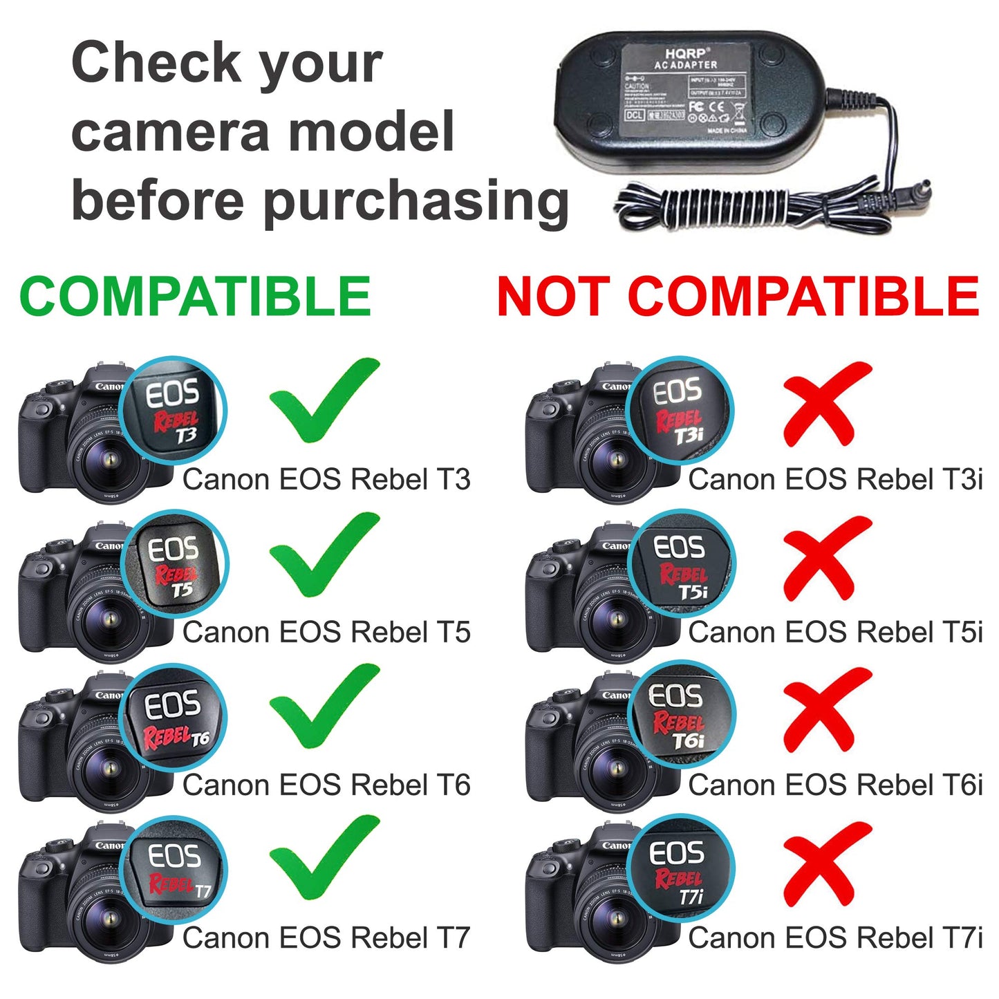 HQRP Kit adaptador de corriente alterna compatible con Canon ACK-E10 ACKE10 EOS T3 T5 T6 T7 T100, 1200D 1100D 1300D 1500D 2000D 4000D Kiss X50 Cámara digital Plus adaptador de enchufe euro