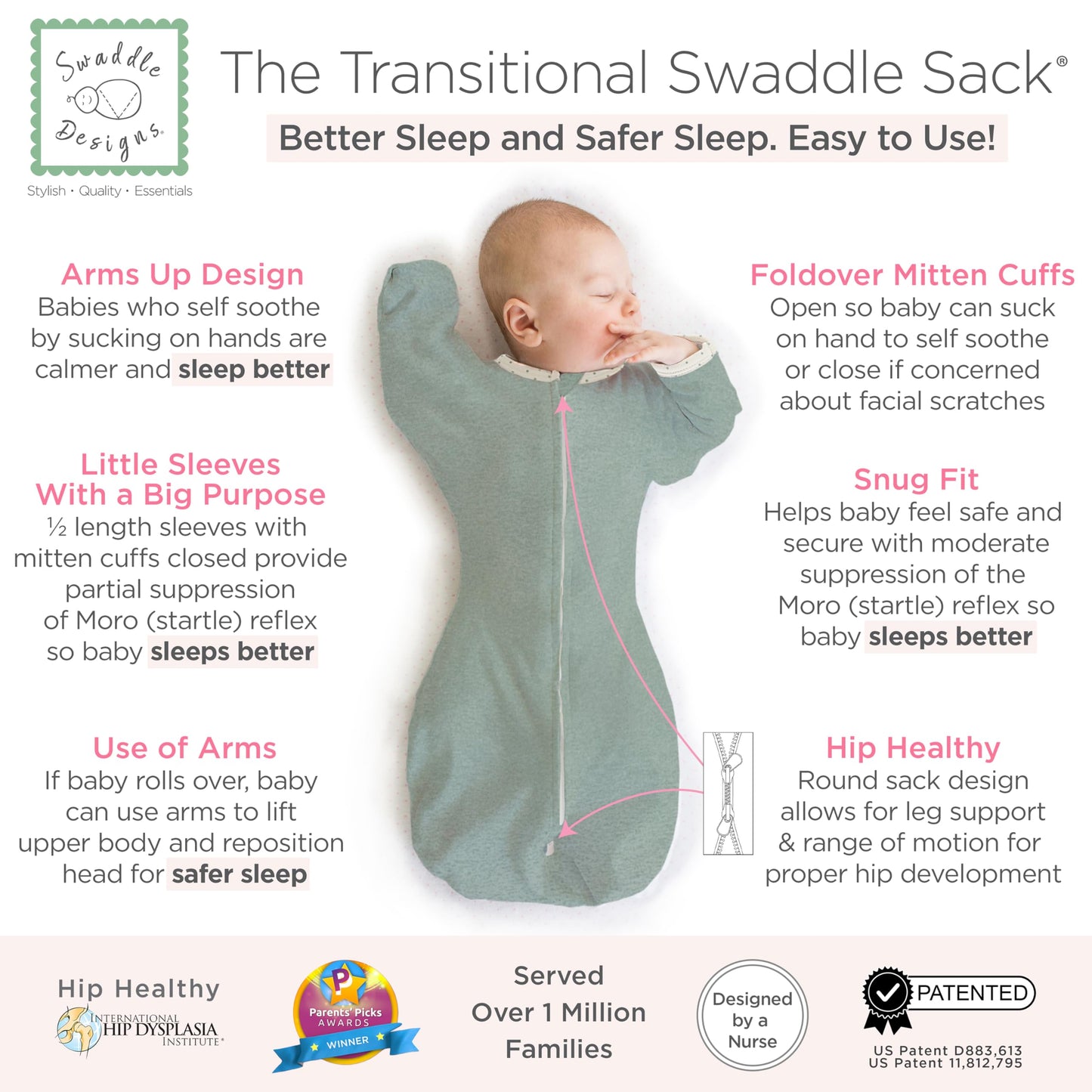 SwaddleDesigns - Saco envolvente de transición con brazos hasta medias mangas y puños de manopla, mediano, 3-6 meses, 14-20 libras, jadeíta jaspeada (manta de brazos arriba, saco de dormir de