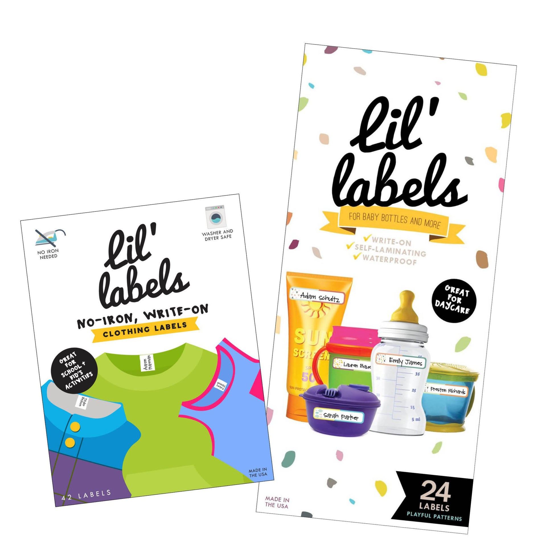 Lil' Labels Daycare Value Pack Write on Name Labels, Waterproof, Baby Bottle Labels (Playful Patterns) & Clothing Labels, Plus 2 Bonus Gifts