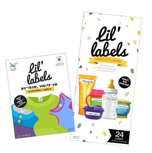 Lil' Labels Daycare Value Pack Write on Name Labels, Waterproof, Baby Bottle Labels (Playful Patterns) & Clothing Labels, Plus 2 Bonus Gifts