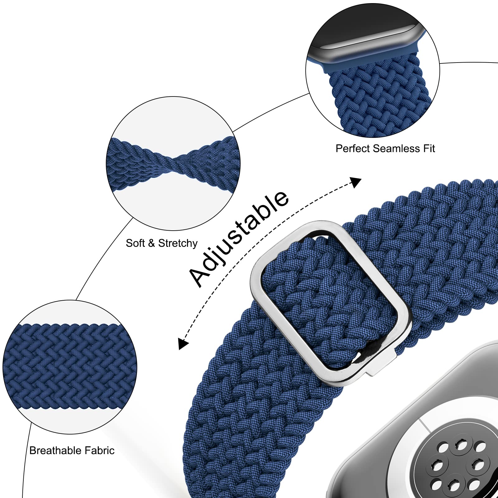 Correa Solo Loop Trenzada Mugust Azul Marino Ajustable para Apple Watch 42mm 44mm 45mm para Mujer y Hombre
