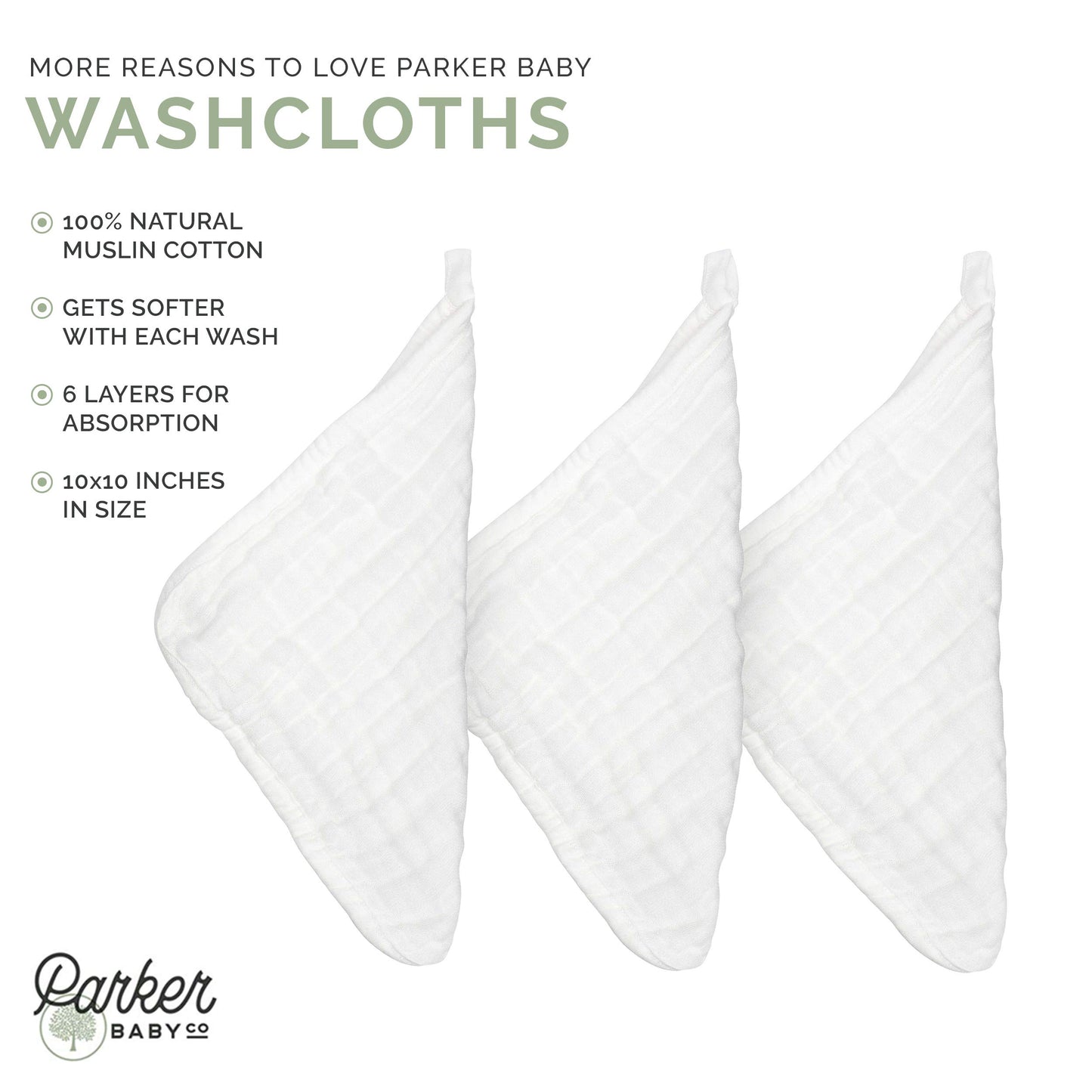 Parker Baby Co. - Juego de 6 Paños de Muselina de Algodón 100% para el baño, Suaves, Absorbentes y Naturales, Color Blanco