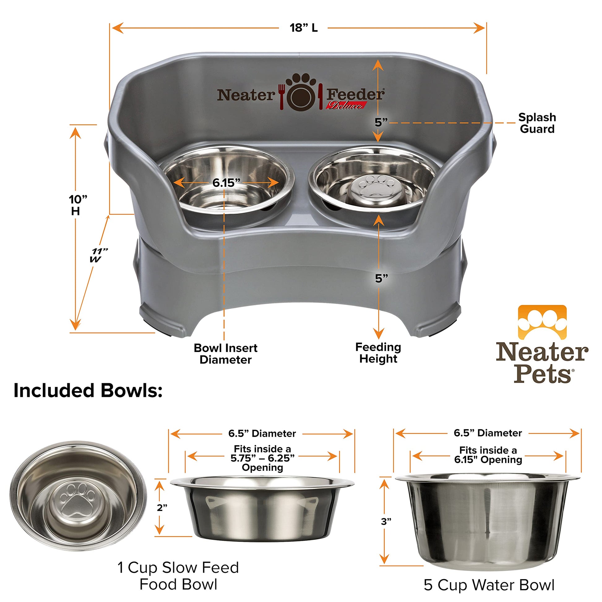 Comedero Neater Feeder Deluxe Gris Gunmetal con Tazón de Alimentación Lenta para Perro Mediano