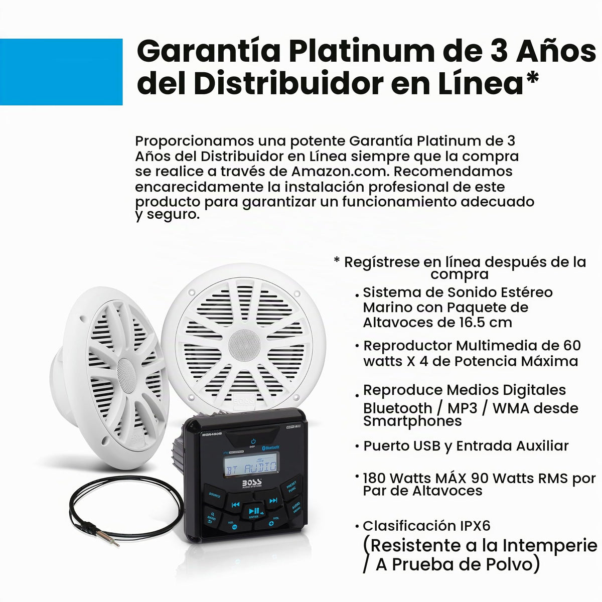 Sistema de Audio Marino Boss Audio Blanco con Bluetooth y Resistente al Clima IPX6, Dos Altavoces de 6.5" y un Receptor