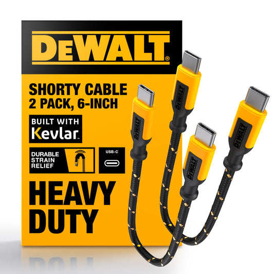 DEWALT Cable corto USB C a USB C 60W (2 Pack 6in.), Cable duradero Tipo C de carga rápida trenzado de nylon, Compatible con iPhone Serie 16/15, Android Samsung Galaxy S24/S23/S22/ Ultra, iPad Pro
