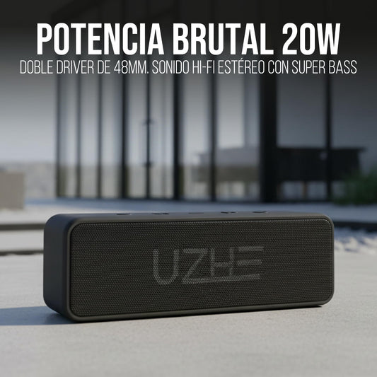 Bocina Bluetooth UZHE Negra Sonido Estéreo HiFi Doble Driver Subwoofer Impermeable 20W 12h para Fiestas Exterior