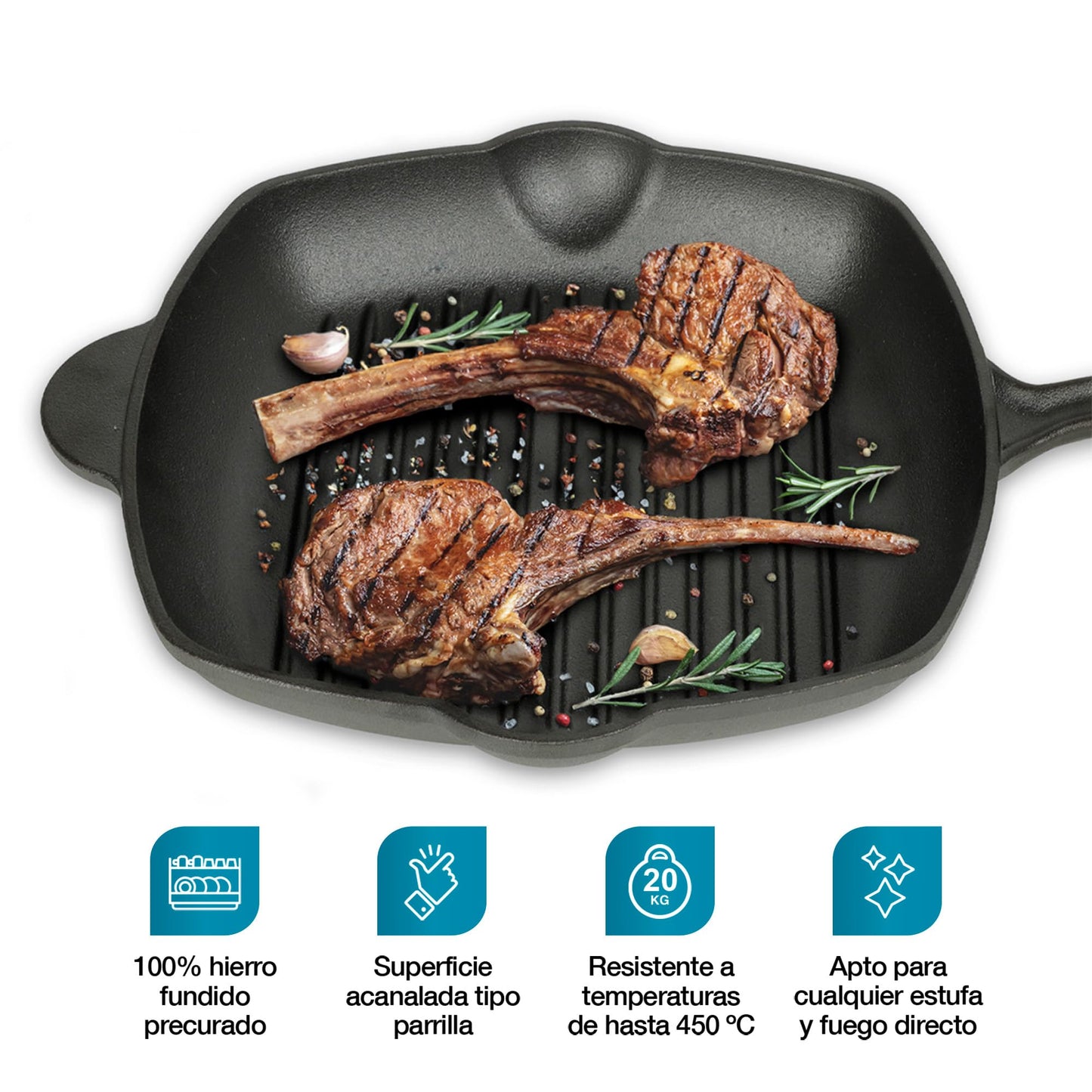 CASA LITUS Sartén de Hierro Fundido Precurado tipo Parrilla Extra Grande (2 Litros), Plancha para Asar con Superficie Acanalada, Mango y Vertederos Laterales, para Estufa de Gas, Horno o Fuego Directo