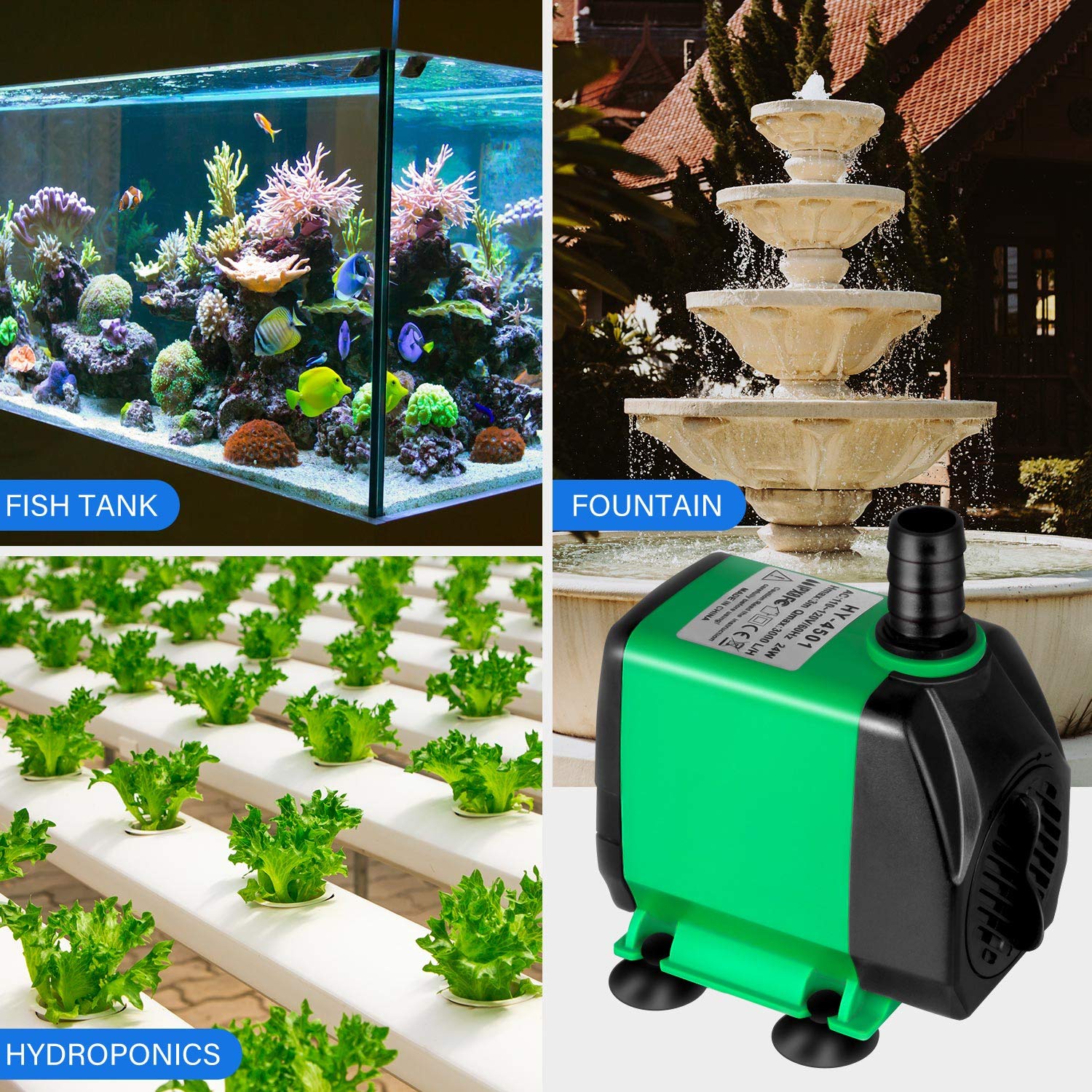 Bomba Sumergible Simple Deluxe Verde de 10 Pies 800GPH 24W con 3 Boquillas