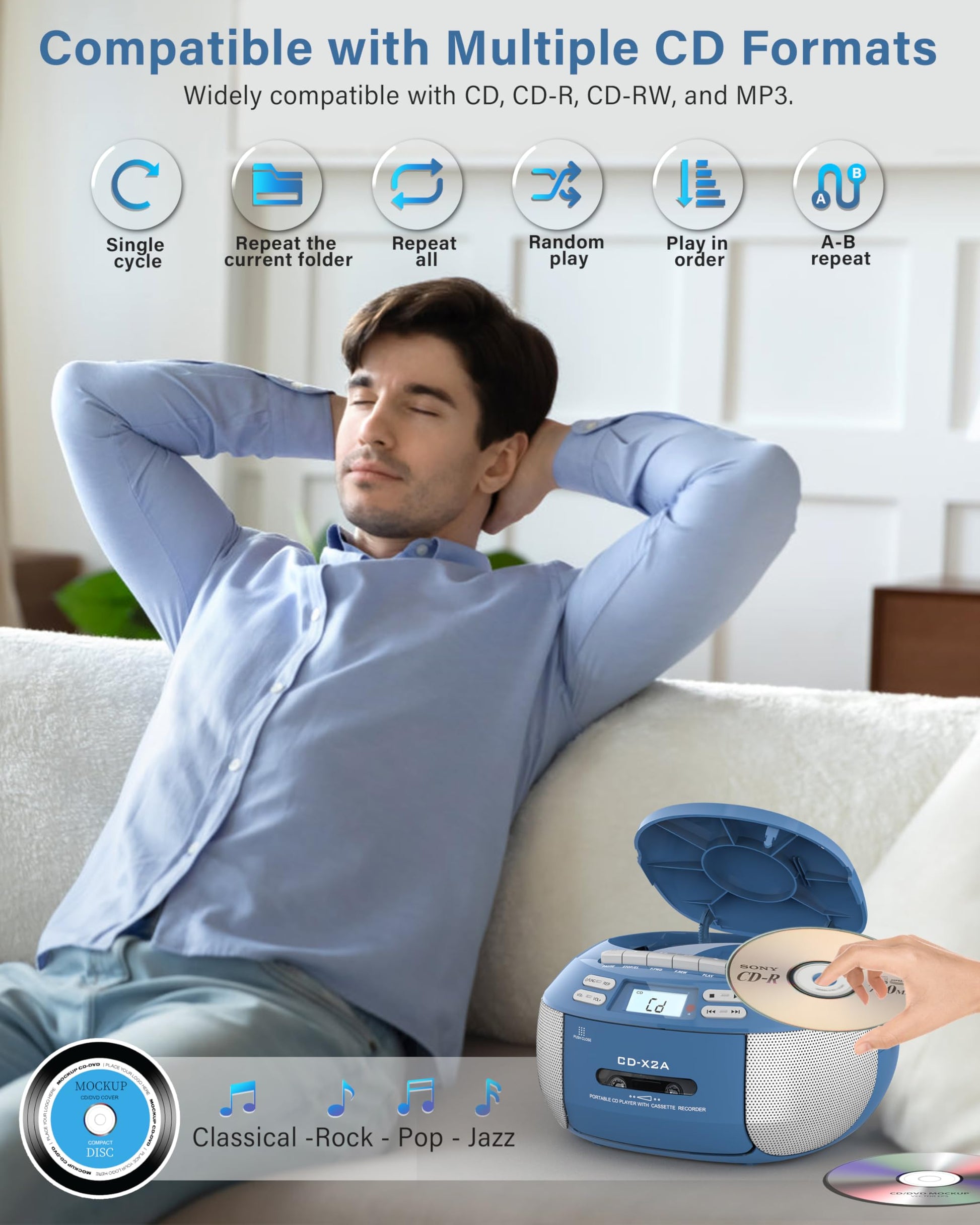 Greadio Boombox - Reproductor de CD de cassette, reproductor de CD portátil con Bluetooth, compatible con radio AM FM, control remoto, AUX/USB/auriculares, funciona con AC/batería, visualización LCD