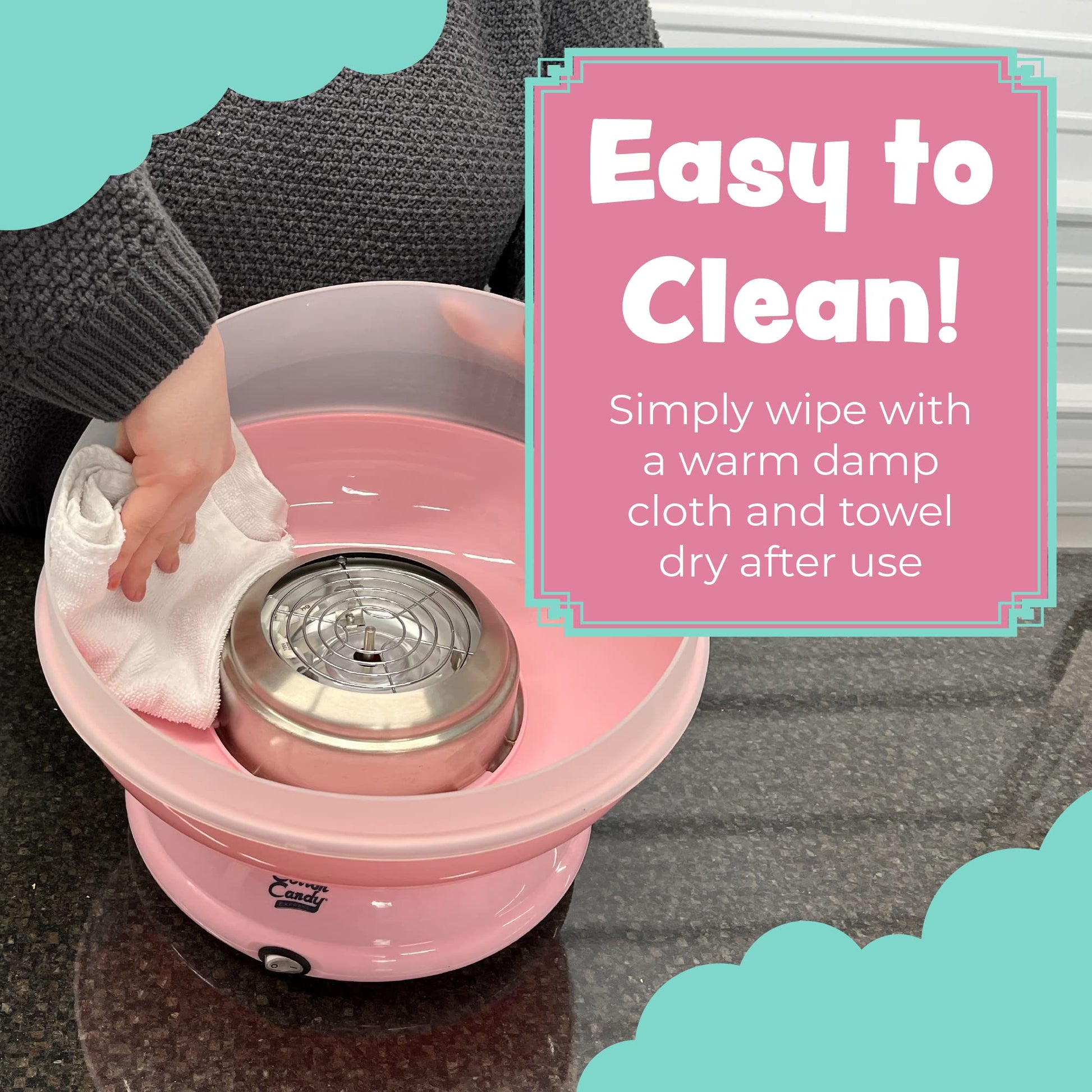 Máquina de algodón de azúcar Cotton Candy Express [rosa] | La mejor máquina de algodón de azúcar para uso doméstico | Máquina de algodón de azúcar con conos de papel a rayas incluidos y una cuchara de azúcar de hilo, Rosado claro, Machine with 3 Flavors,
