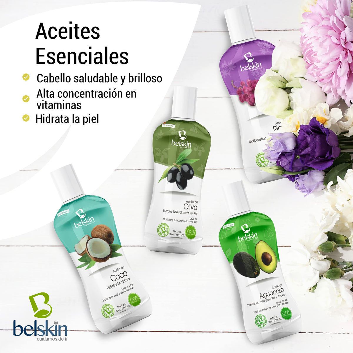 BELSKIN Pack 6 Aceites Naturales 120ml c/u | Almendras, Coco, Ricino, Olivo, Argán, Aguacate | Para Rostro, Cuerpo y Cabello
