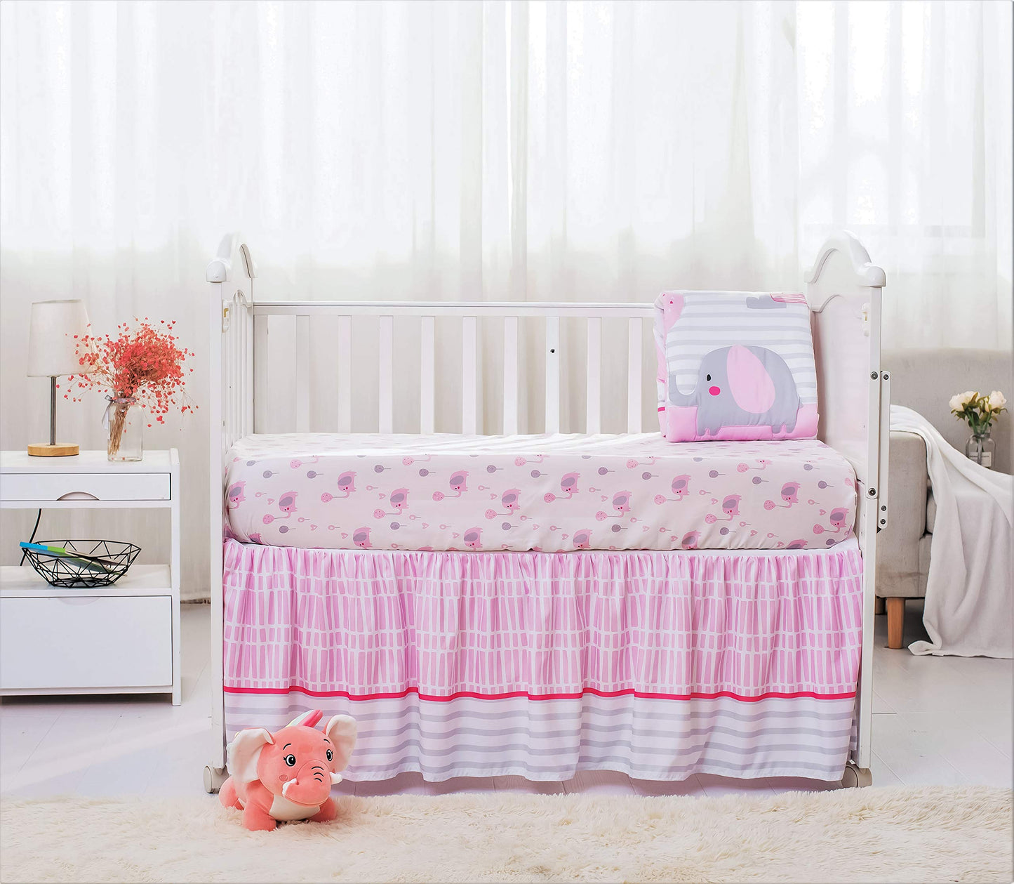 La Premura Baby Elephant Nursery Crib Bedding Set for Girls - Pink Elephant & Love Balloons 3-Piece Standard Size Crib Set, Pink & Gray