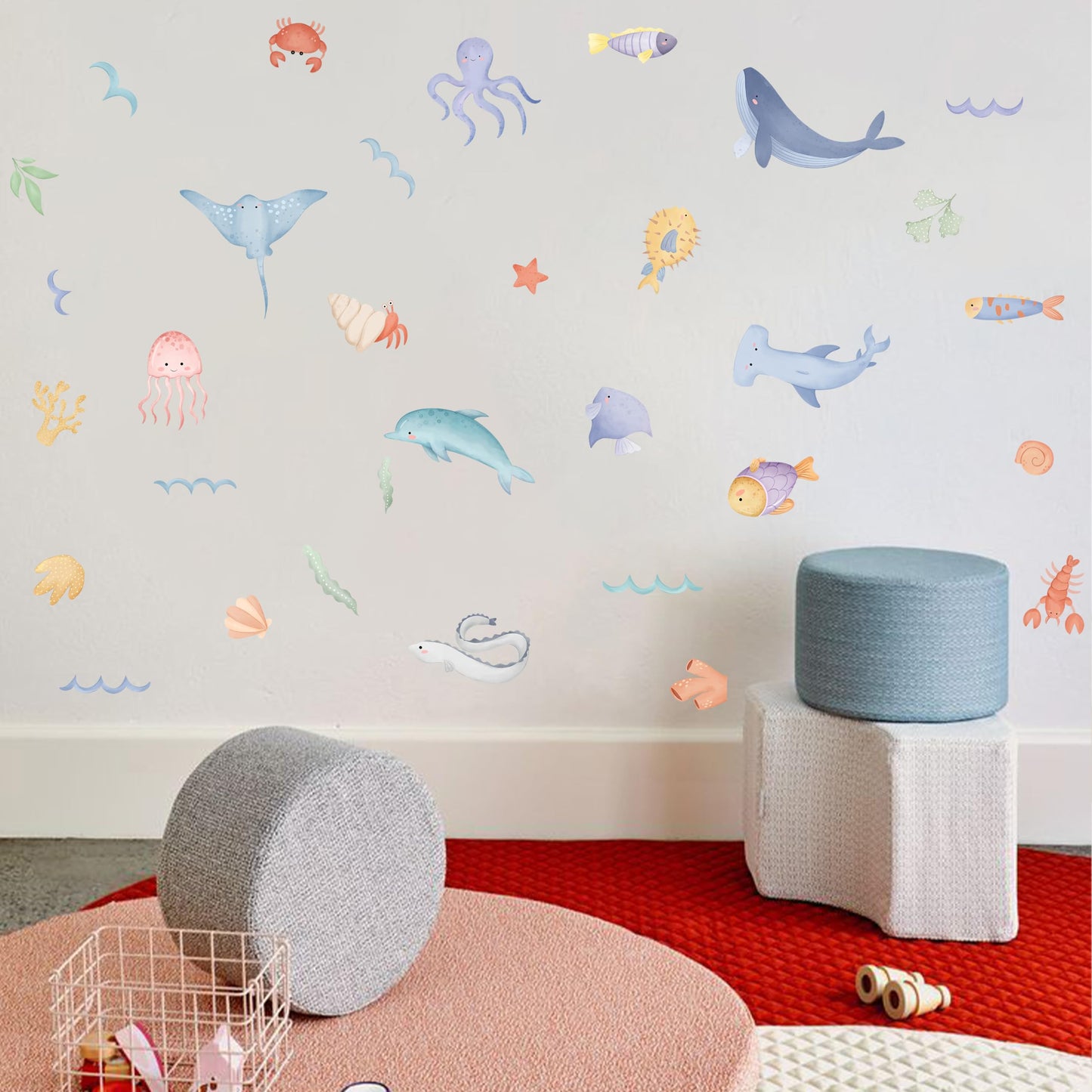 Calcomanía de pared de animales del océano, calcomanías de animales del mundo del mar, vinilo submarino del cuarto de bebé, decoración náutica del cuarto de bebé, pulpo de tortuga de ballena, caballo de mar coral, pelar y pegar (decoración de mar)