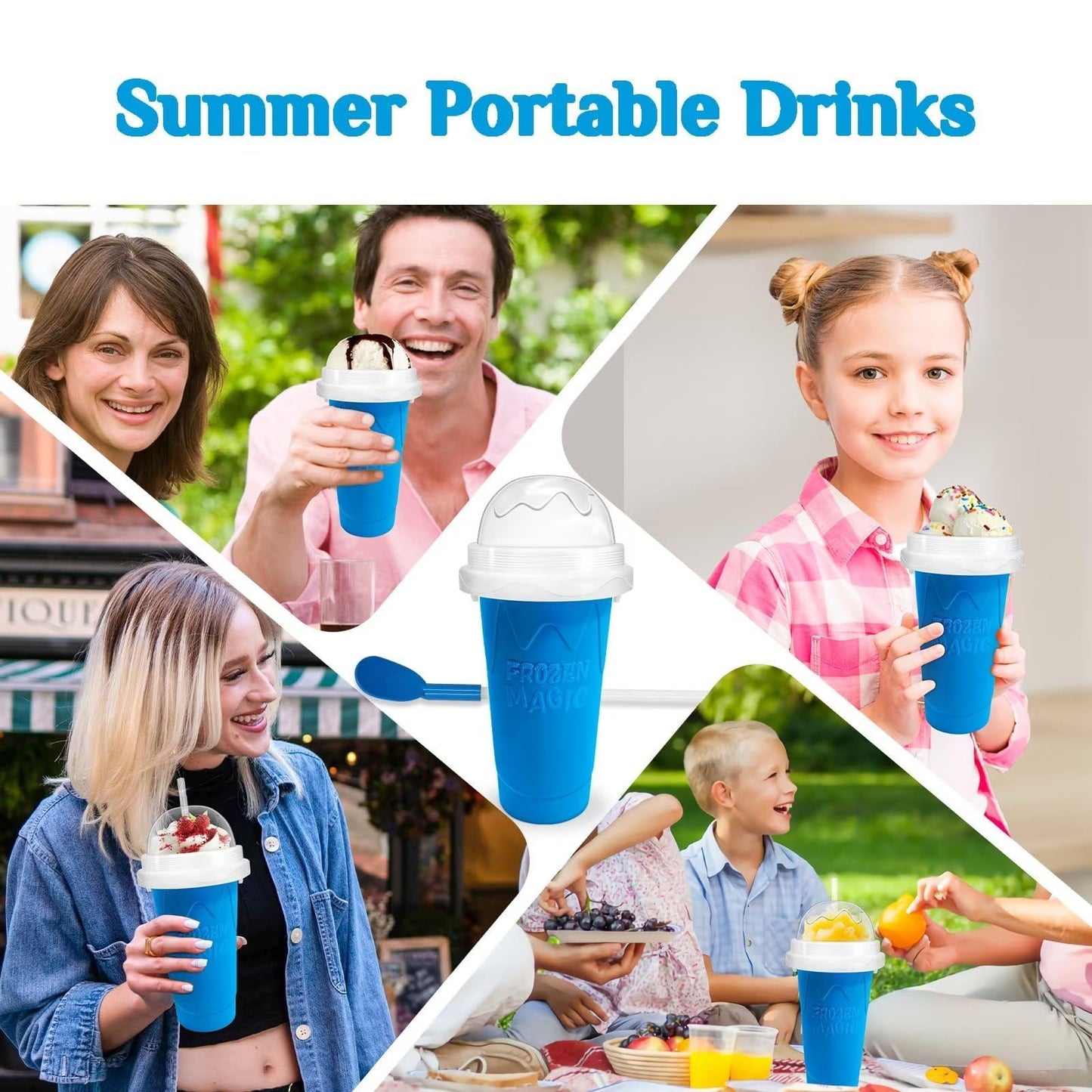 Magic Quick Frozen Smoothies Maker – Máquina grande de granizados, taza para apretar DIY (azul y amarillo)