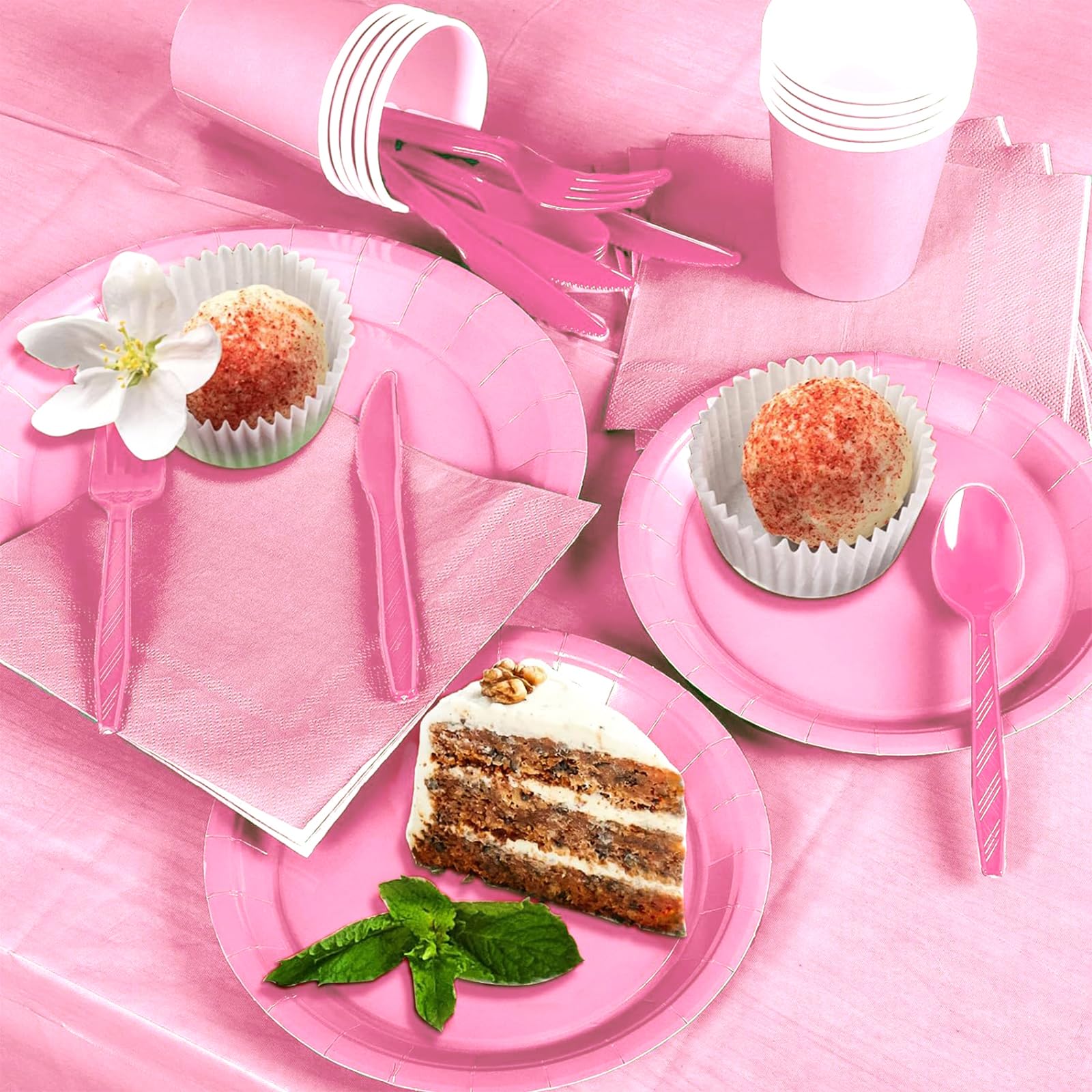 Juego de vajilla de fiesta, platos x 40, tazas x 20, servilletas x 20, cuchillos, tenedores y cucharas x 20, manteles 2 uds, Adecuado para bodas y fiestas de cumpleaños otras celebraciones (Rosa)