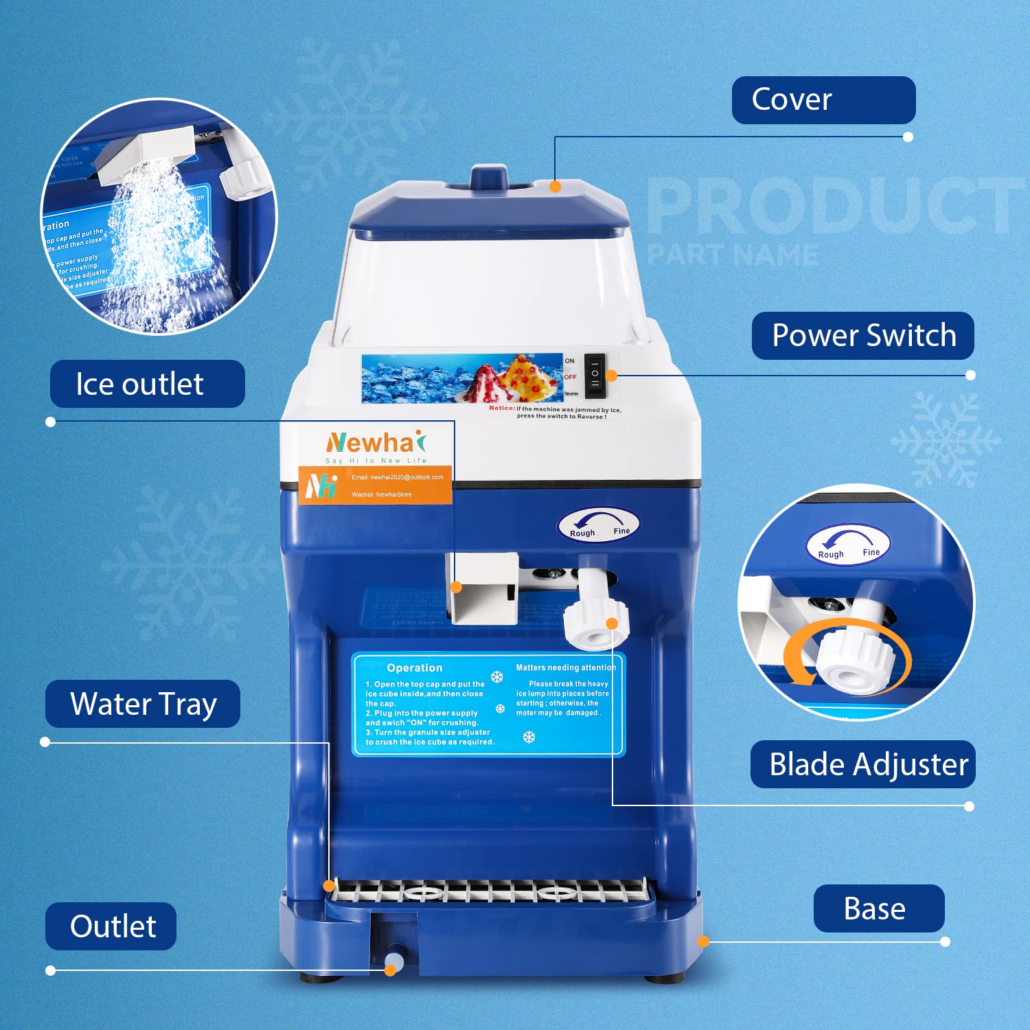 Newhai Máquina de afeitar de hielo comercial trituradora de hielo eléctrica afeitada de 300 W, máquina automática de cono de nieve de 1400 rpm, grosor ajustable, máquina de afeitar de hielo de 444 libras/H