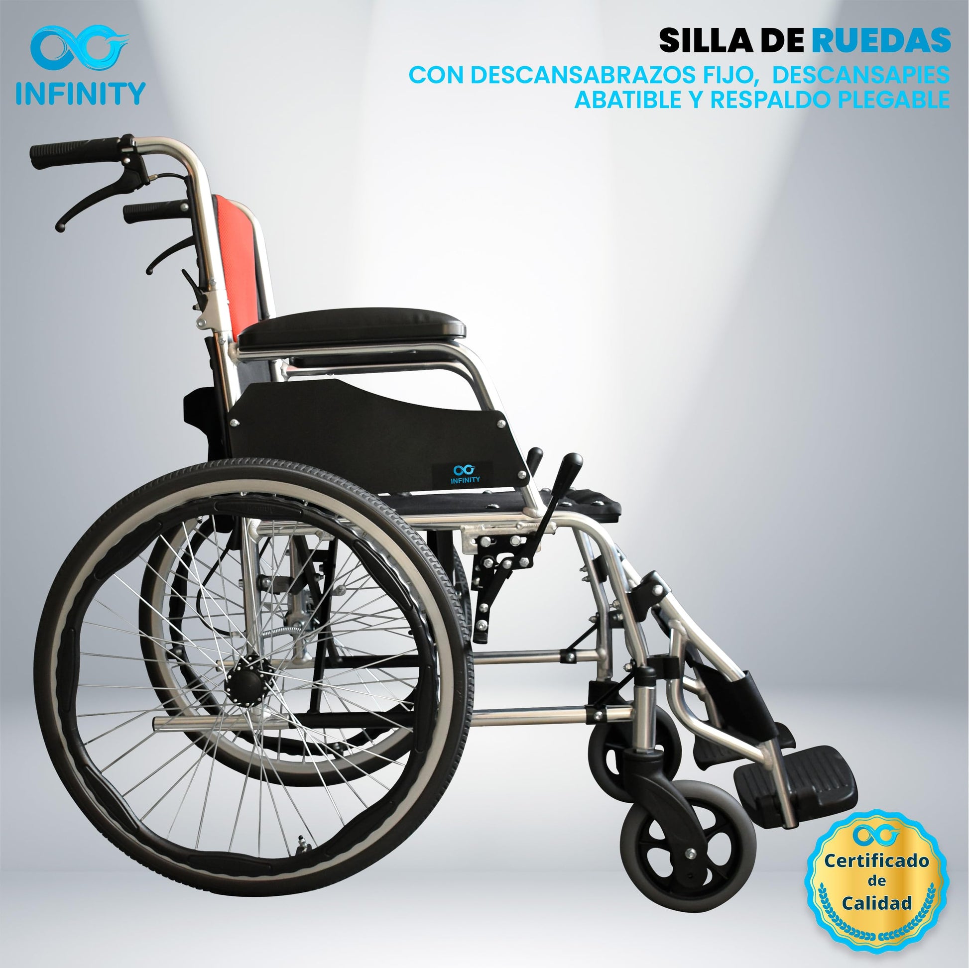 INFINITY | Silla De Ruedas Todo Terreno De Aluminio Con Respaldo Plegable y Doble Sistema de Frenado (Negro-Rojo)