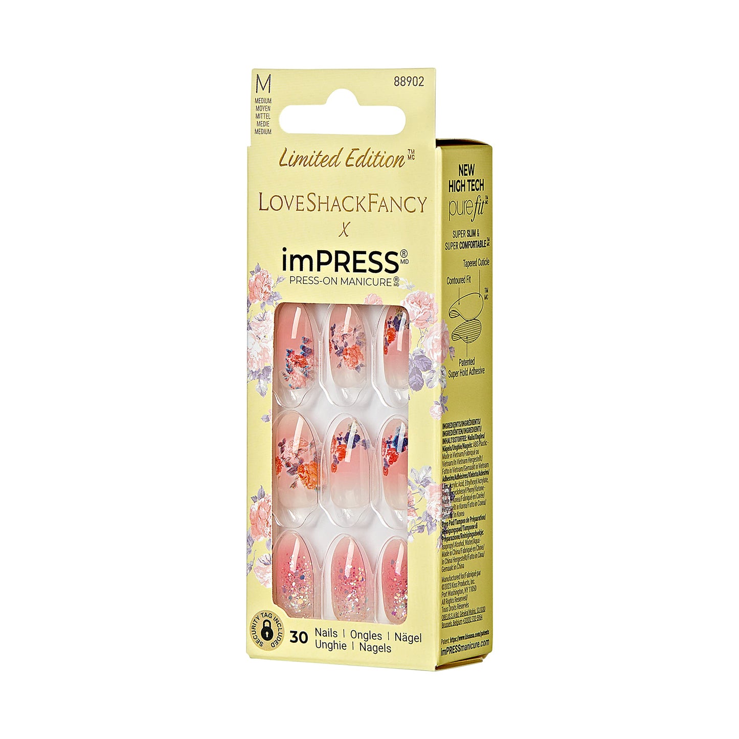 KISS LoveShackFancy x IMPRESS Press-On Manicure Limited Edition, Style /''Citrus Candy/'' Medium Almond Pink Press-On Nails, Includes Prep Pad, Mini Nail File, Cuticle Stick, & 30 Fake Nails