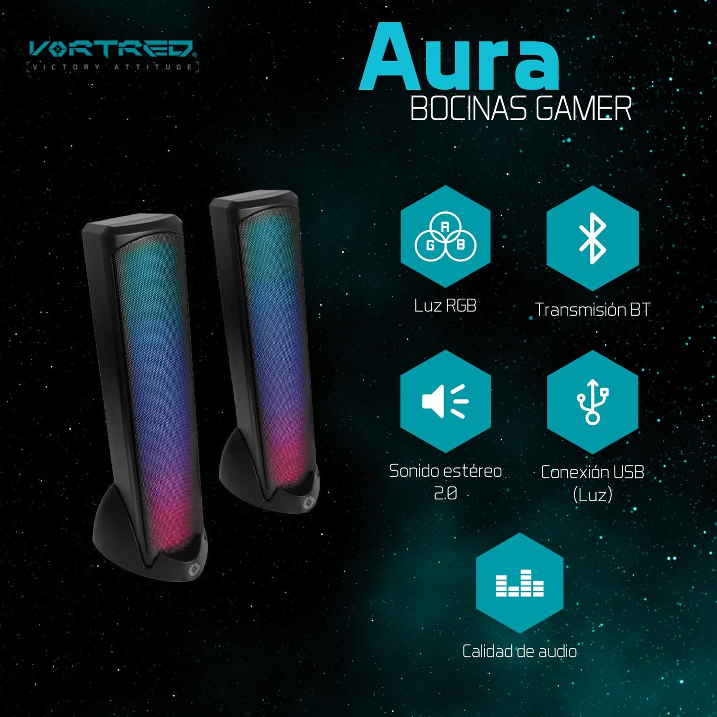 PERFECTCHOICE VORTRED Bocinas Inalámbricas Gamer con Luz RGB - Sonido HQ Transmisión BT Aura