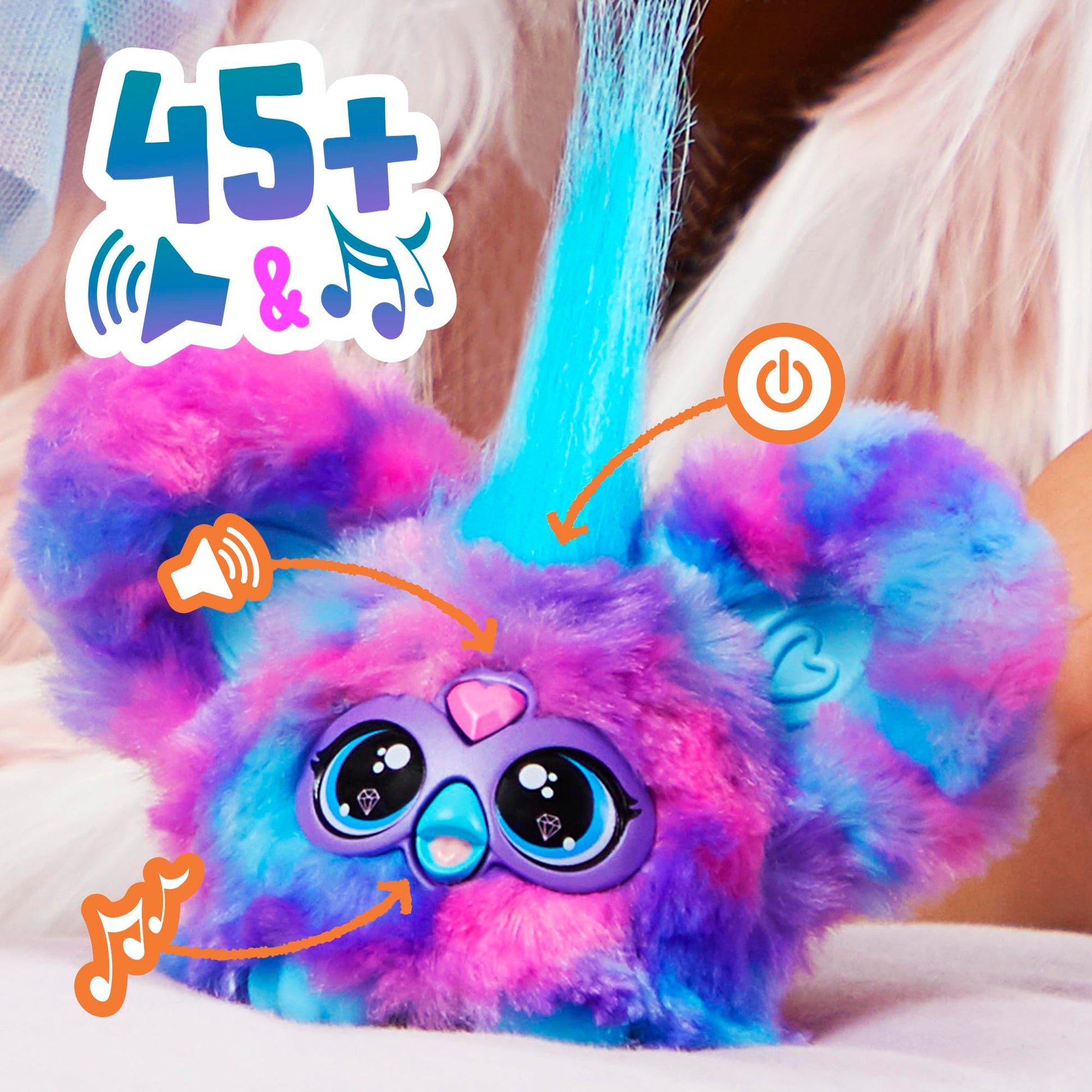 Furby Furblets Peluche Miniamigo Luv-Lee con más de 45 Sonidos, música K-Pop y Frases en Furbish Colores Morado y Azul, Incluye Llavero para Colgar, + 6 años