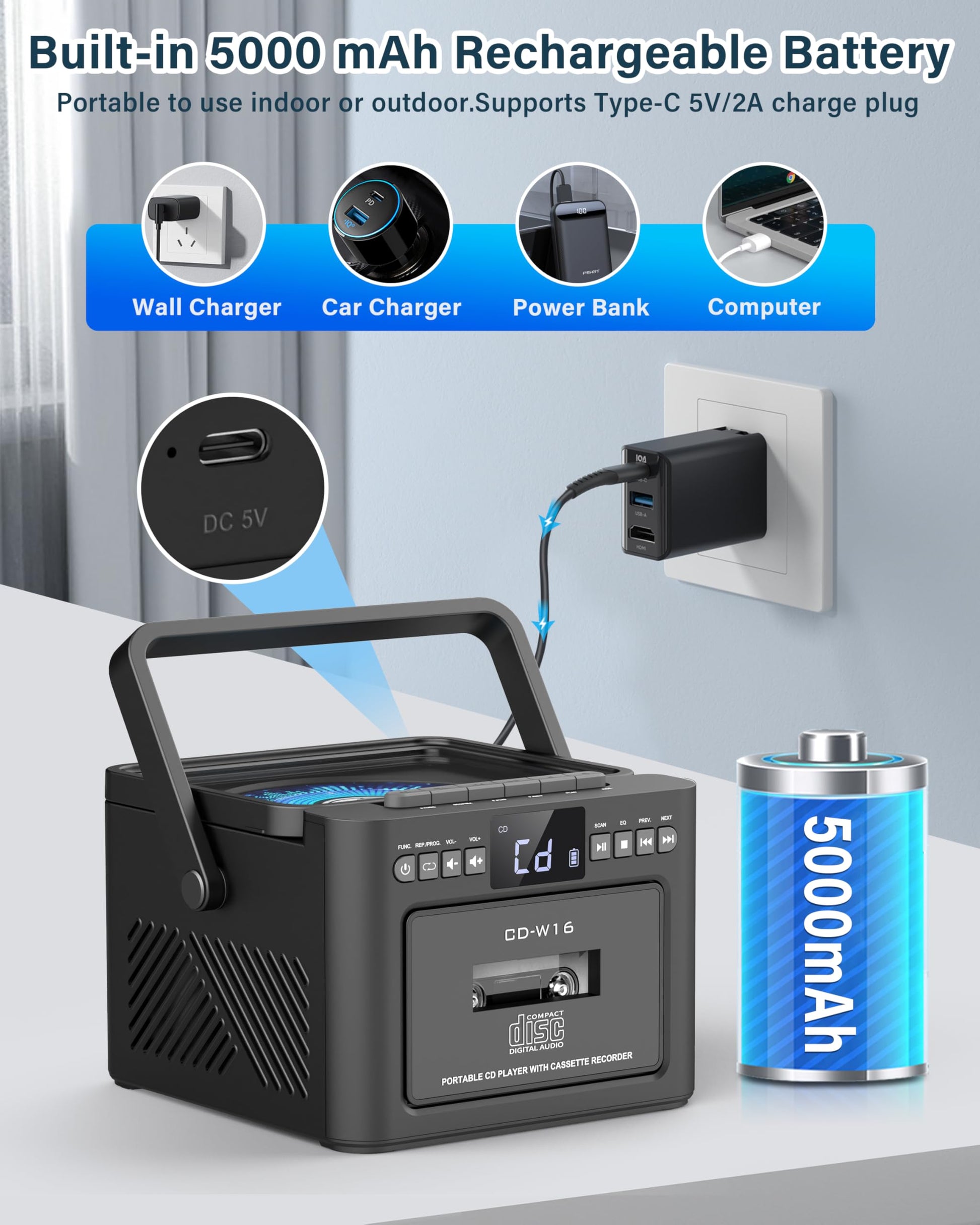 Boombox - Reproductor de CD de casete Bluetooth5.1 con batería de 5000 mAh, altavoces estéreo duales de 5 W, reproductor de CD recargable con radio FM, control remoto, grabación de cinta, conector de