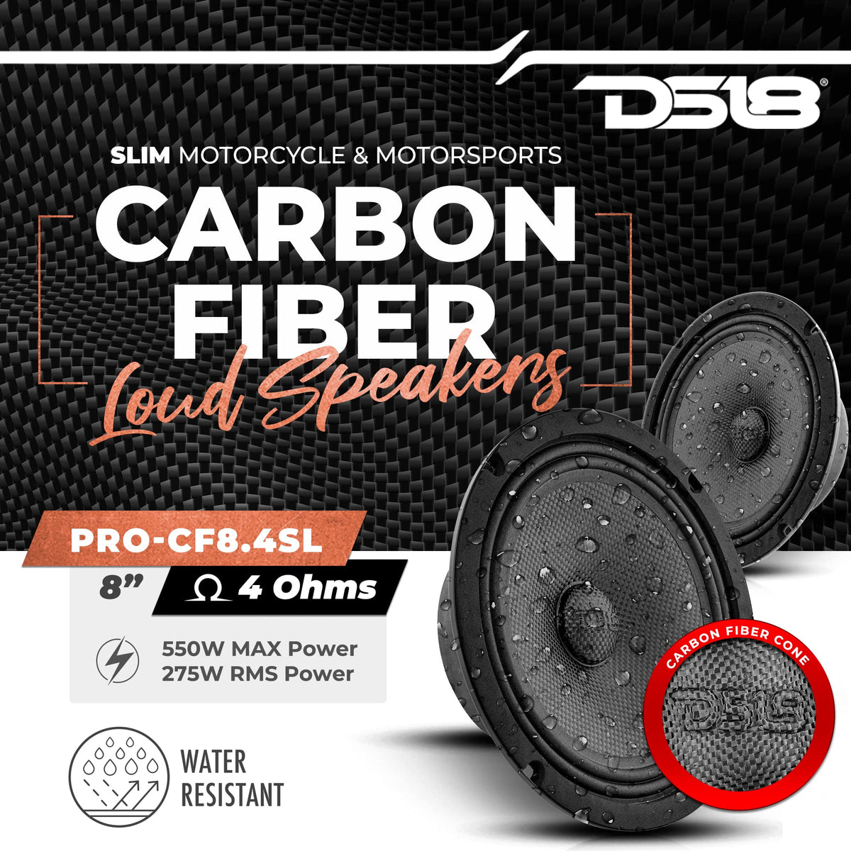 Altavoz Delgado 8 Pulgadas DS18 Fibra de Carbono Resistente al Agua