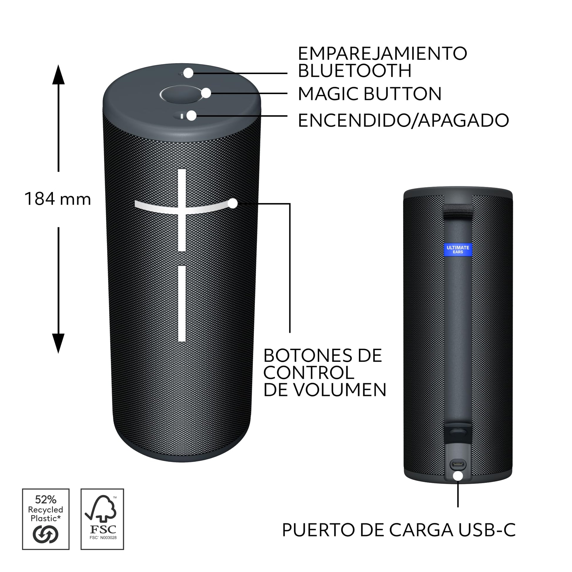 Ultimate Ears Boom 4, Bocina Bluetooth portátil Resistente al Agua con Sonido de 360 Grados, inmersivo, nítido, Bocina Flotante con 15 h de batería y Radio de acción de 45 m - Negro