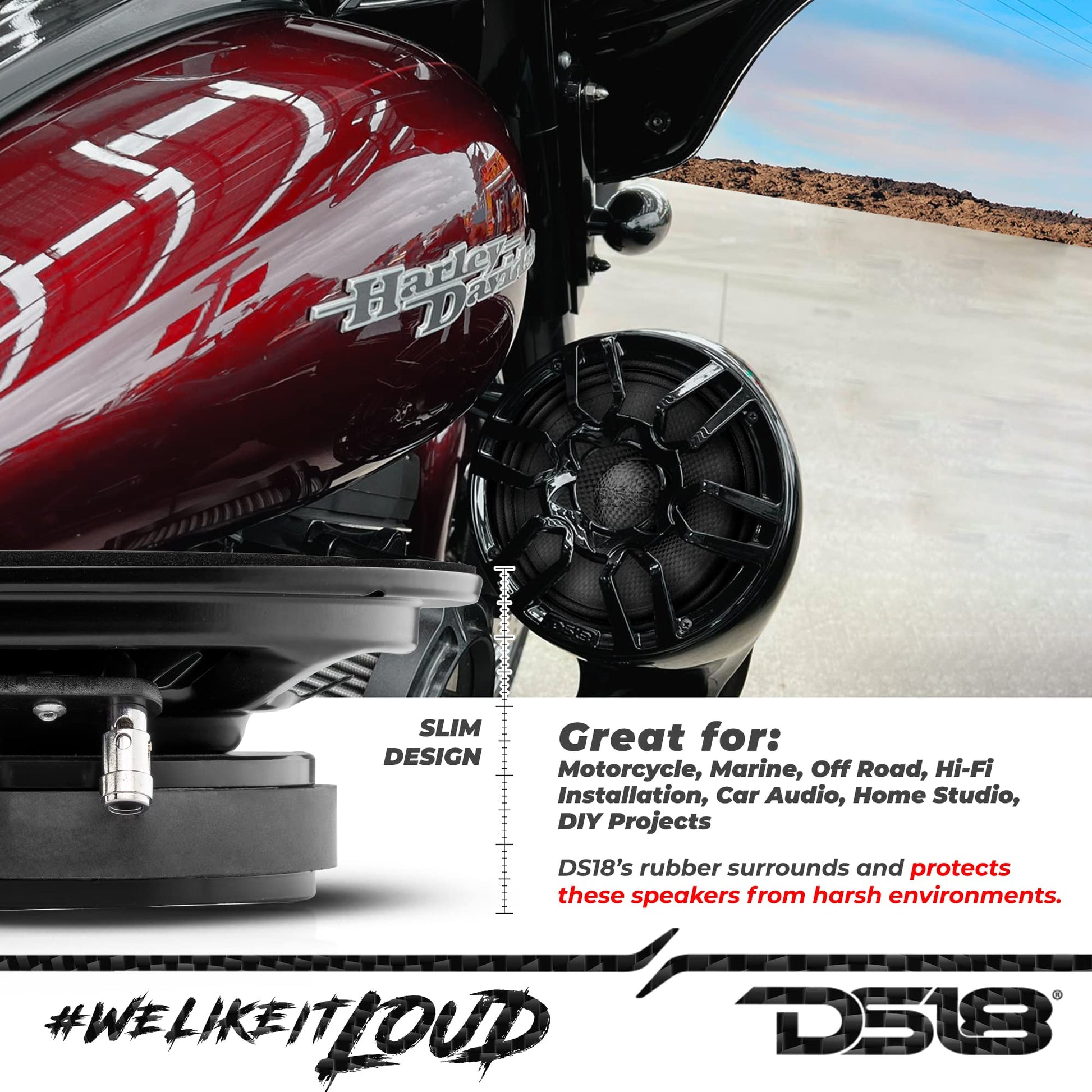 DS18 PRO-CF6.4SL - Altavoz delgado de 6.5 pulgadas de 500 vatios RMS de potencia máxima de 4 ohmios, cono de fibra de carbono, resistente al agua, altavoz medio bajo, gran altavoz para motocicletas y