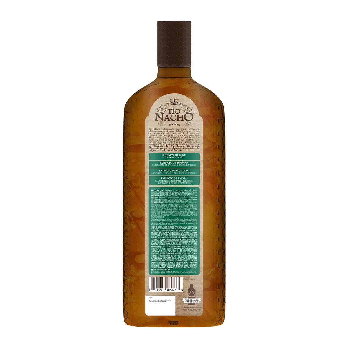 Tío Nacho HERBOLARIA MILENARIA, Shampoo JALEA REAL, extractos de CHILE, BARDANA, ALOE VERA y JOJOBA, Anti-Caída gracias al poder de la naturaleza fortalece el cabello y disminuye la caída, Fortalecimiento Capilar,100% reciclados y reciclables 1 L