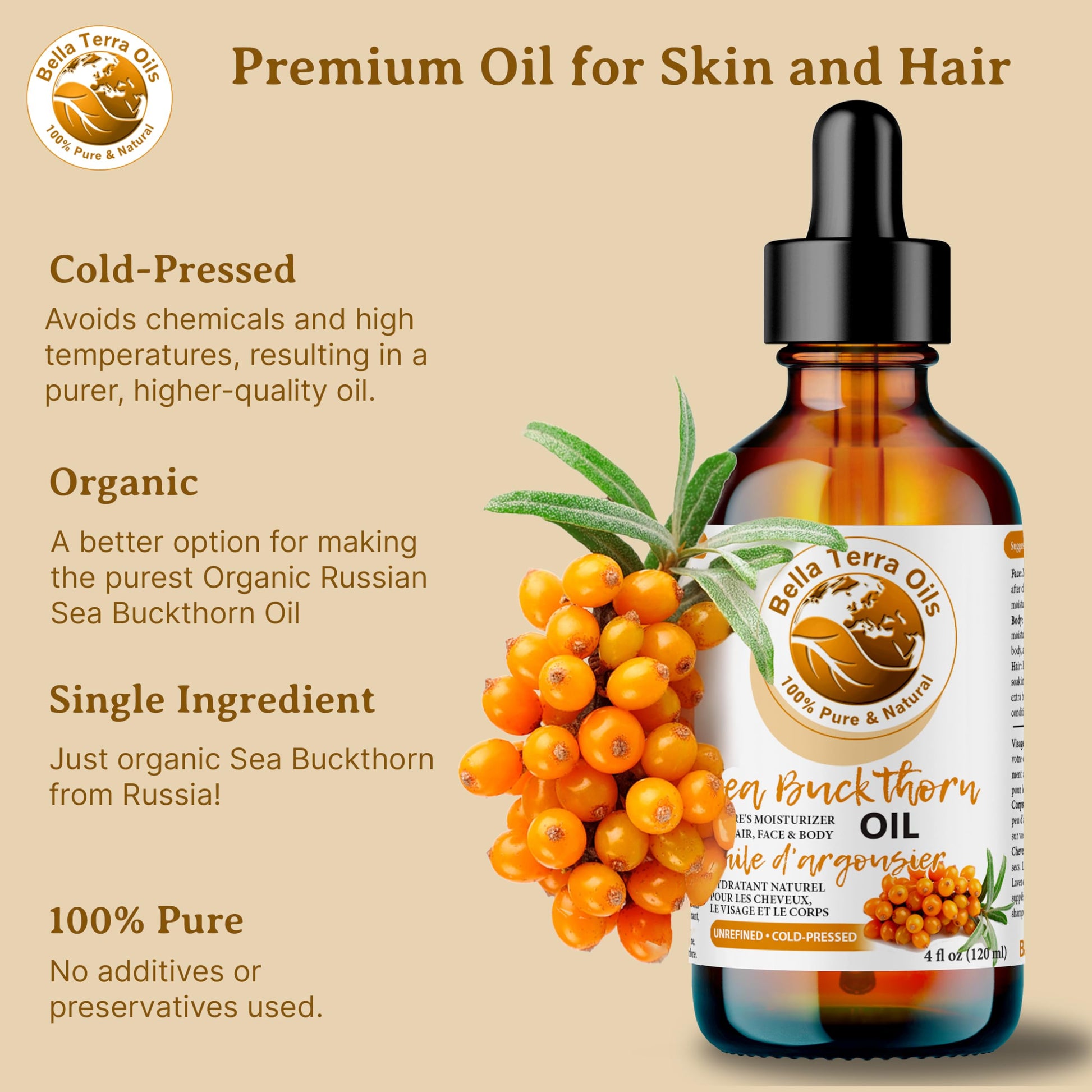 NEW Sea Buckthorn Oil. 4oz. Cold-pressed. Unrefined. Organic. 100% Pure. Non-comedogenic. Hexane-free. Relieves Symptoms of Eczema, Psoriasis, Acne. Natural Moisturizer. For Hair, Skin, Stretch Marks.