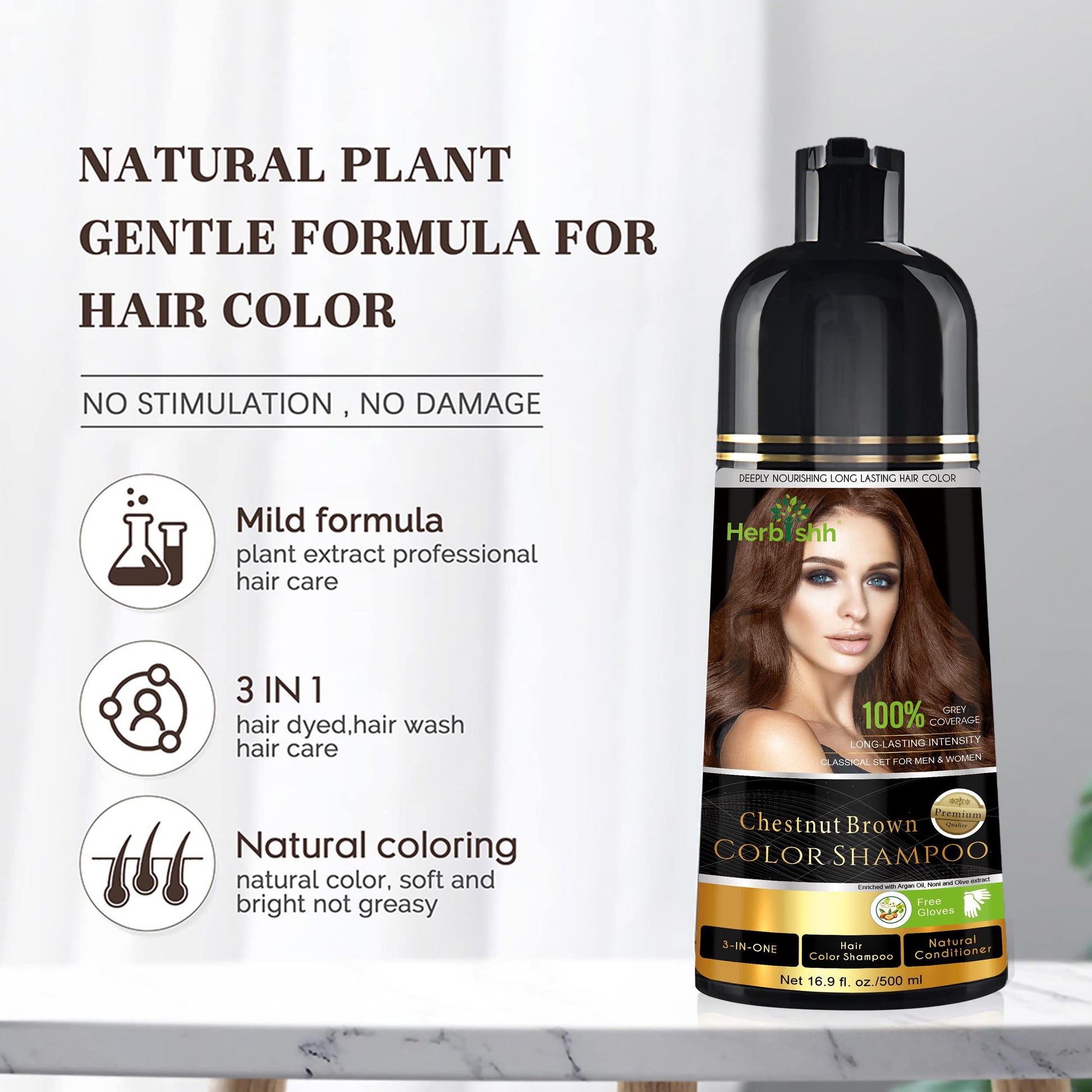 Herbishh - Champú colorante para cabello gris, champú con tinte natural para el cabello, colorea el cabello en minutos, dura hasta de 3 a 4 semanas, 500 ml, tinte de cabello 3 en 1, sin amoniaco | (marrón castaño)