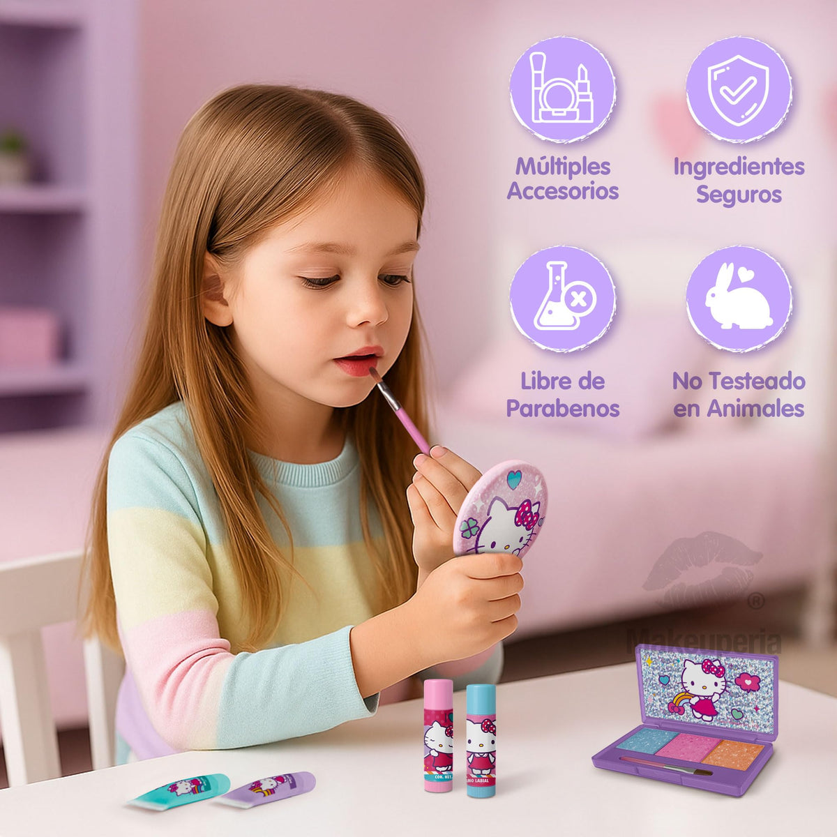 MAKEUPERIA Maquillaje para Niñas de Hello Kitty, Set de Maquillaje Infantil Lavable con Bálsamos, Brillos, Paleta con Brocha, Clips, Espejo y Bolsa de PVC, Regalo Seguro y Adorable