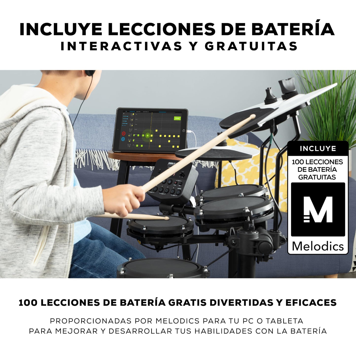 Alesis Debut Kit - Bateria electrica para niños con 4 parches de malla, 120 sonidos, 100 lecciones, taburete, baquetas, llave de batería y auriculares