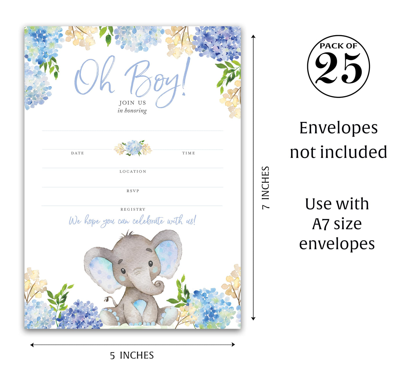 Blue ELEPHANT Baby Shower Invitations – Paquete de 25 – Baby Boy Blank Fill-in Baby Shower Invites, Oh Baby, Blue Floral Baby ELEPHANT Boy Baby Sprinkle Little Peanut Invitation SKU I531-INV1