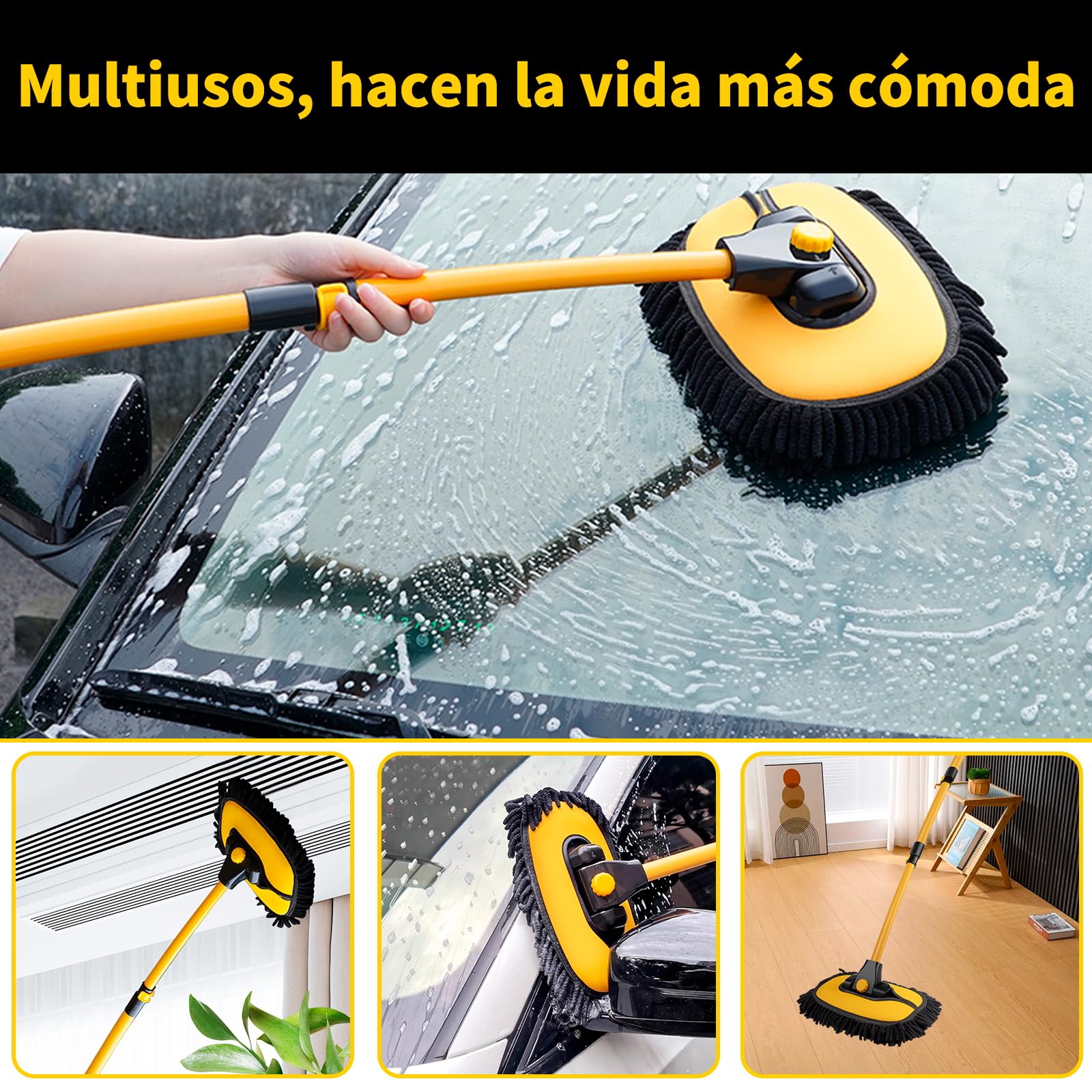 Benanei Cepillo para Lavar Carros Curvado 15°con Mango Largo, Kit de Limpieza para Auto, Chenilla Cepillo para Auto con Poste Extensible 50-120cm, para Lavar Coches, Limpiar Cristales, Fregar, Hogar
