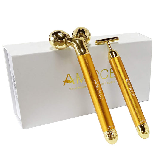 Masajeador de rostro dorado de 24 K, rodillo eléctrico 3D Sonic Energy Beauty Bar y kit masajeador facial en forma de "T". Antiedad/arrugas, levantamiento instantáneo de la cara, estiramiento de la piel (rodillo 3D)