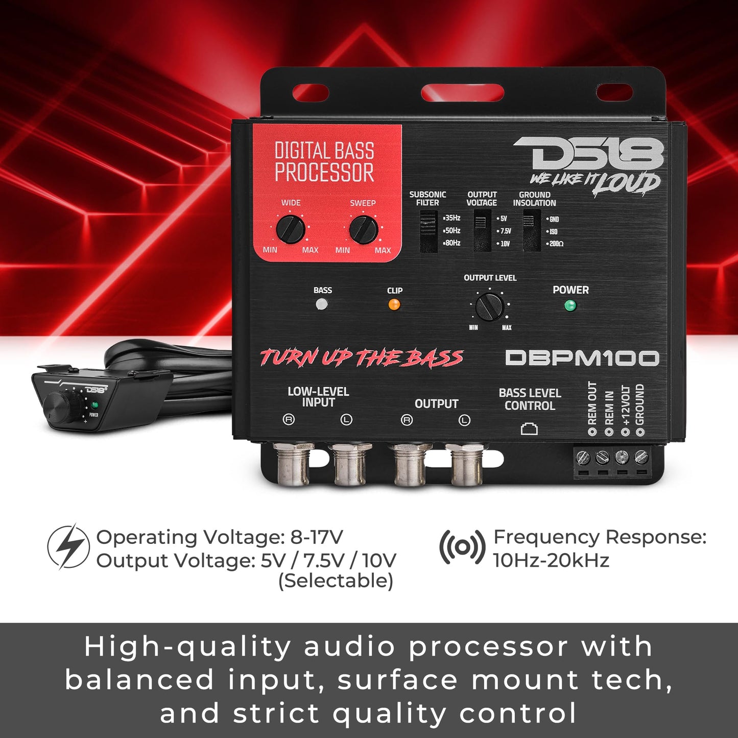 DS18 DBPM100 Procesador de graves digital para coche, 2 canales de preamplificador de entrada/salida, filtro subsónico, restauración digital, potenciador, control de nivel remoto con clip LED