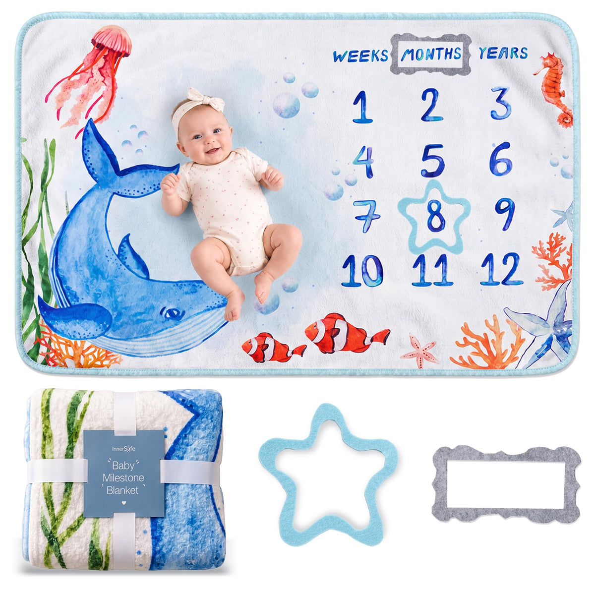 InnerSafe - Manta de hitos para bebé, diseño original, manta mensual de hitos para bebé, para niño y niña, manta de accesorios para fotografía de bebé, 152 x 102 cm, Mundo Oceánico