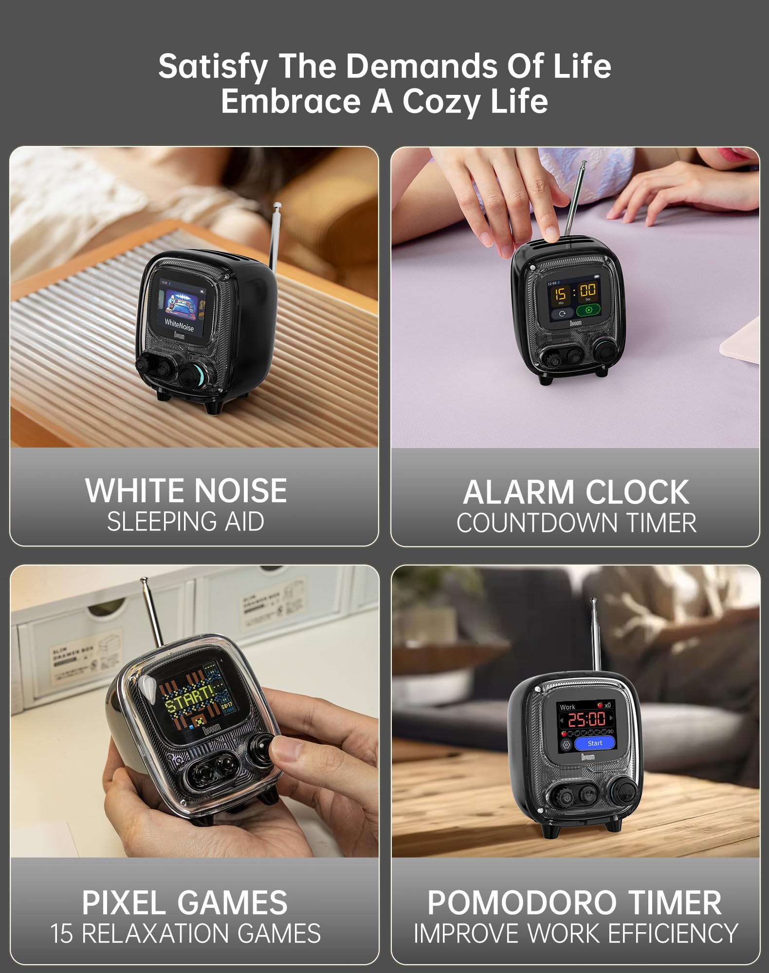 Divoom Tiivoo-2 Altavoz Bluetooth portátil con radio FM, Pixel Art Retro Mini Pequeño Altavoz Inalámbrico, Decoración clásico Adecuado para fiestas, oficina, computadora, hogar, recámara, cocina