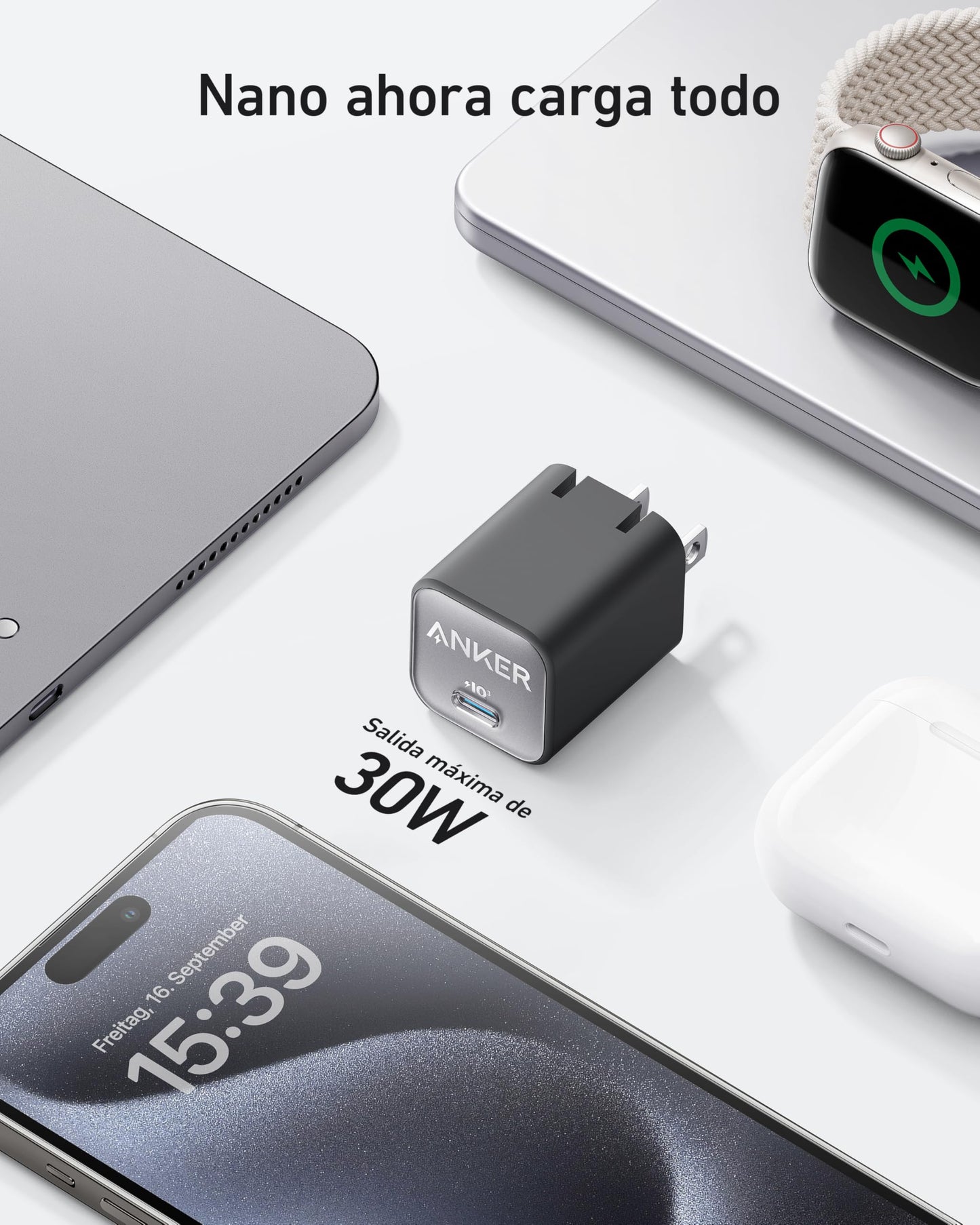 Anker Nano - Cargador USB C, 30 W, PIQ 3.0, Plegable, Cargador de iPhone de Carga rápida para iPhone 16/15 Series, Galaxy, iPad, Compatible con MagSafe
