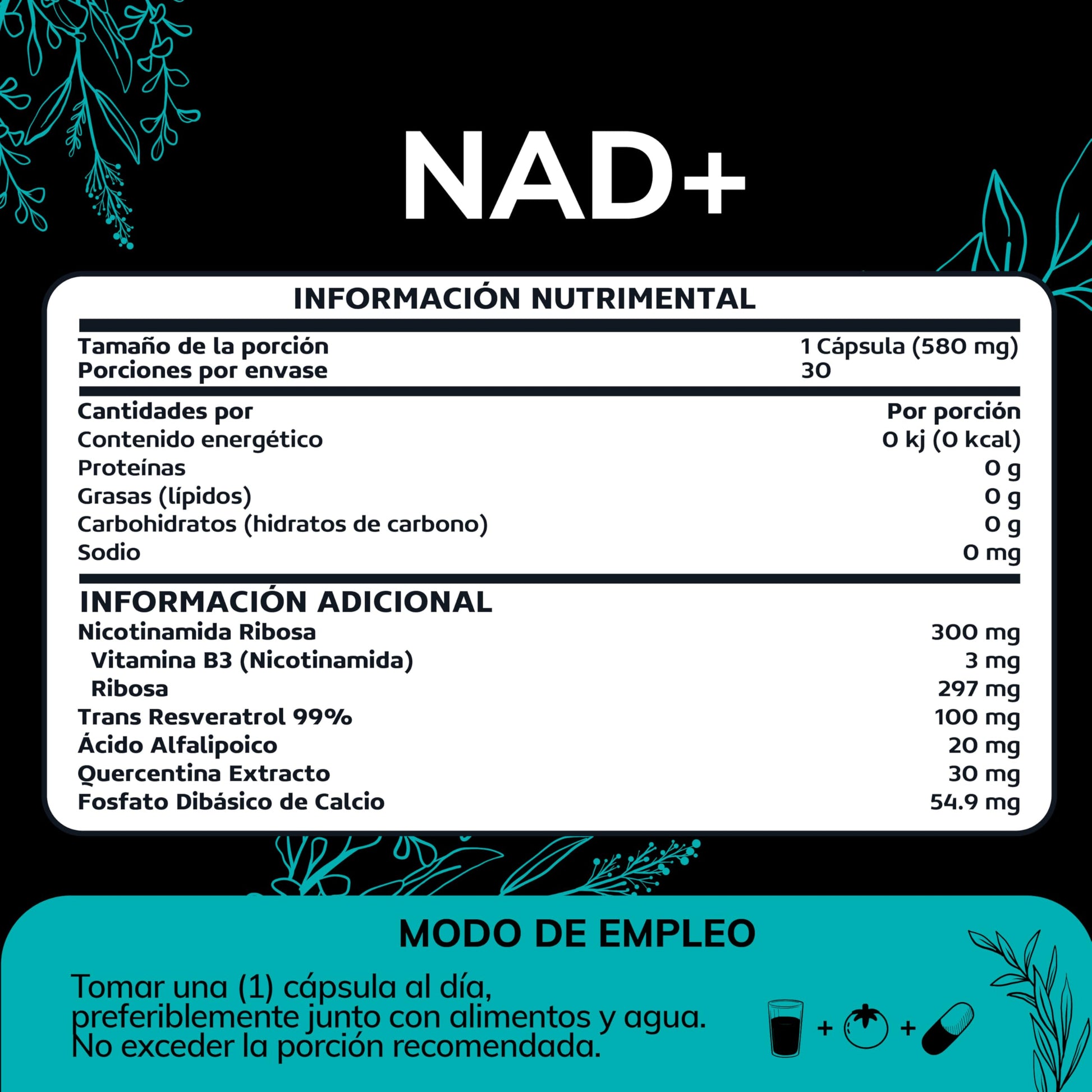 Suplemento NAD+ Quotidien con Nicotinamida Ribosa, Trans-Resveratrol, Ácido Alfa Lipoico y Quercetina