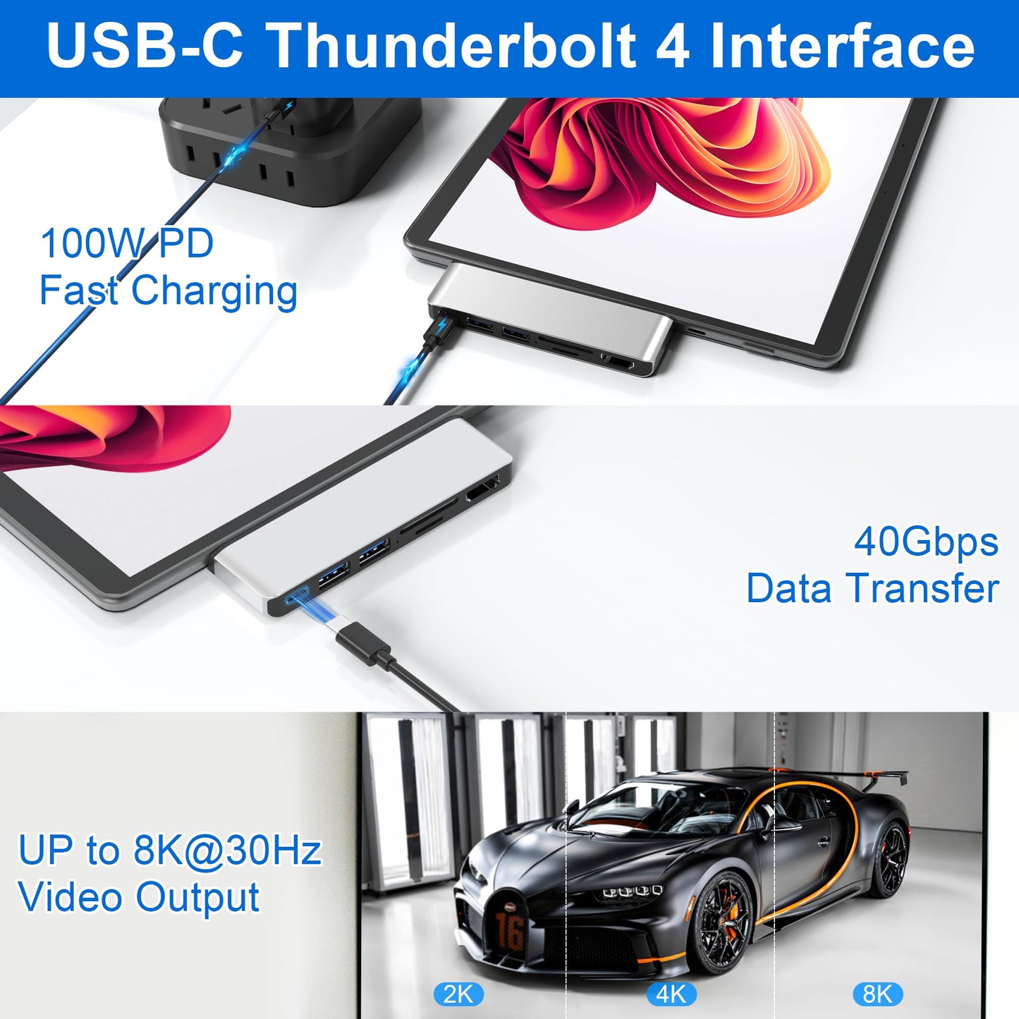 Estación de Acoplamiento USB para Surface Pro 9 10 11 X con HDMI 4K USB-C Thunerbolt 4 100W de Carga y Accesorios USB 3.0 SD TF Hub