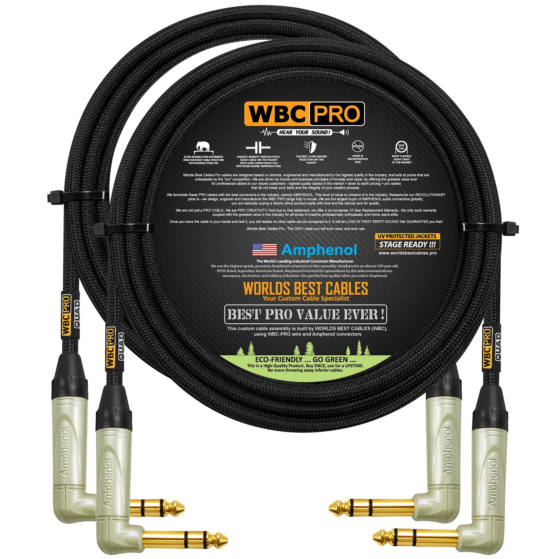 Cable Profesional WBC-PRO-Quad Ultra Silencioso Negro Flexible 12 Pies con Conector Dorado TRS Stereo Recto Amphenol, 2 Unidades