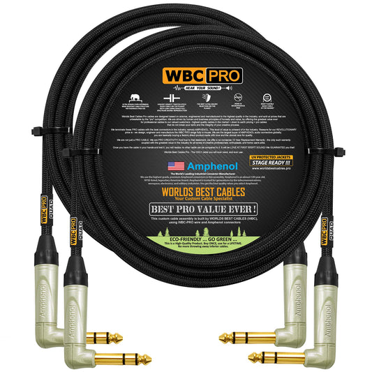 Cable Profesional WBC-PRO-Quad Ultra Silencioso Negro Flexible 12 Pies con Conector Dorado TRS Stereo Recto Amphenol, 2 Unidades